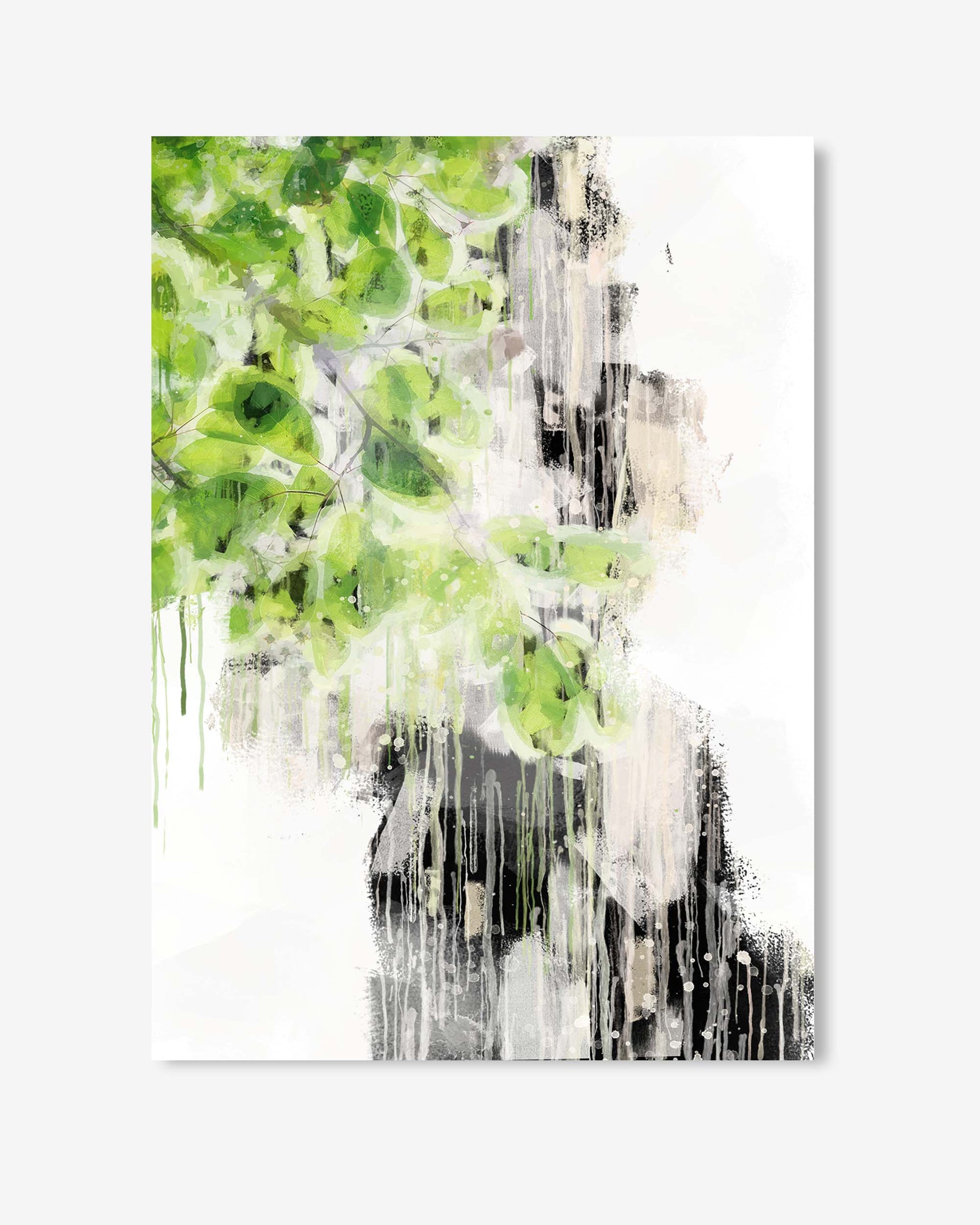 Abstract art print with green, white, and black abstract design on a white background