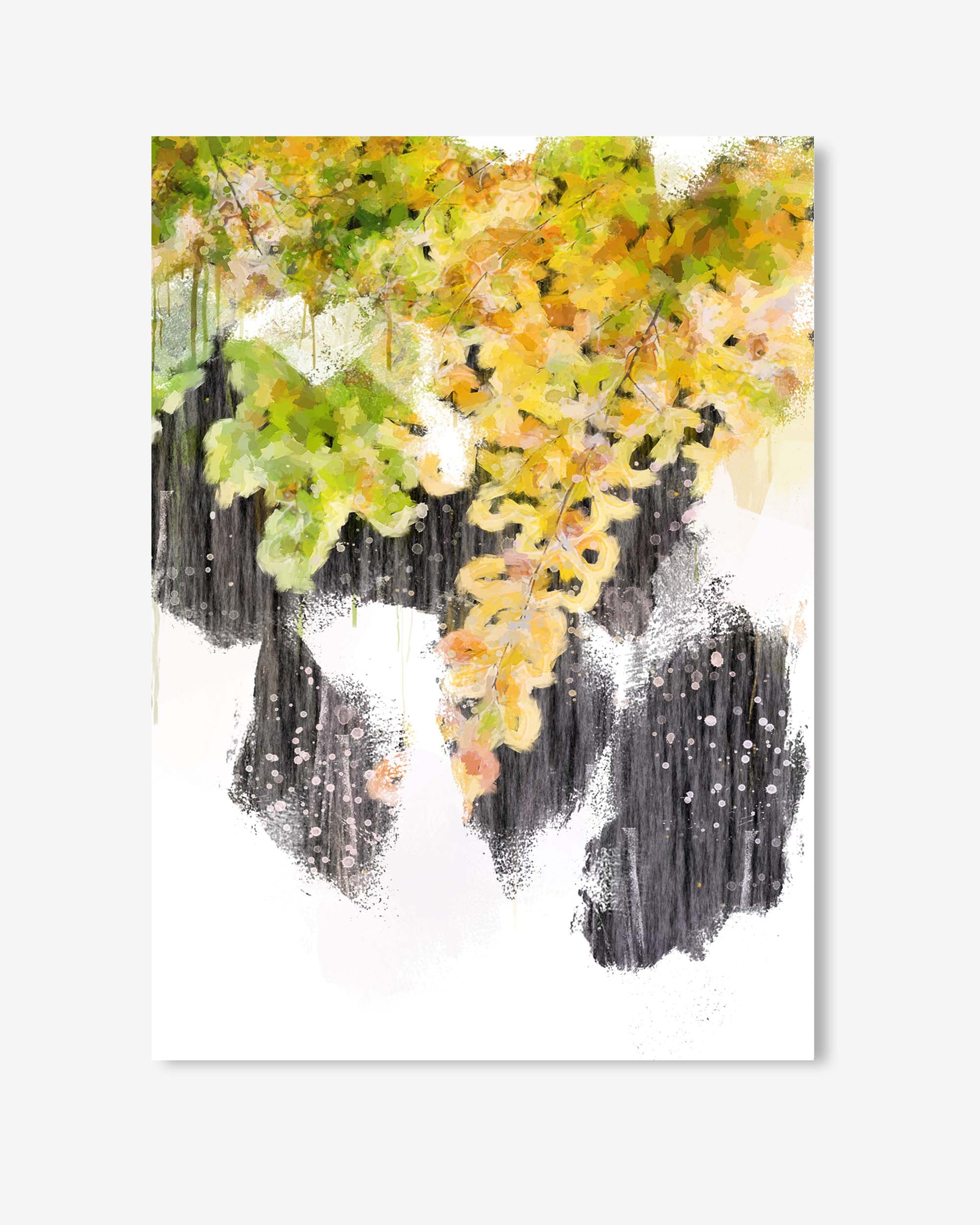 Abstract art piece with yellow, green, and black colors on a white background