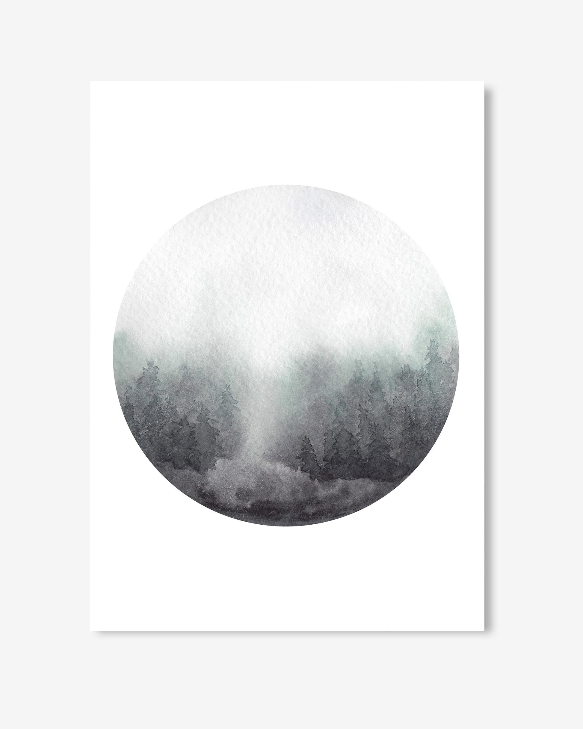 Circular artwork of a forest scene on a white background