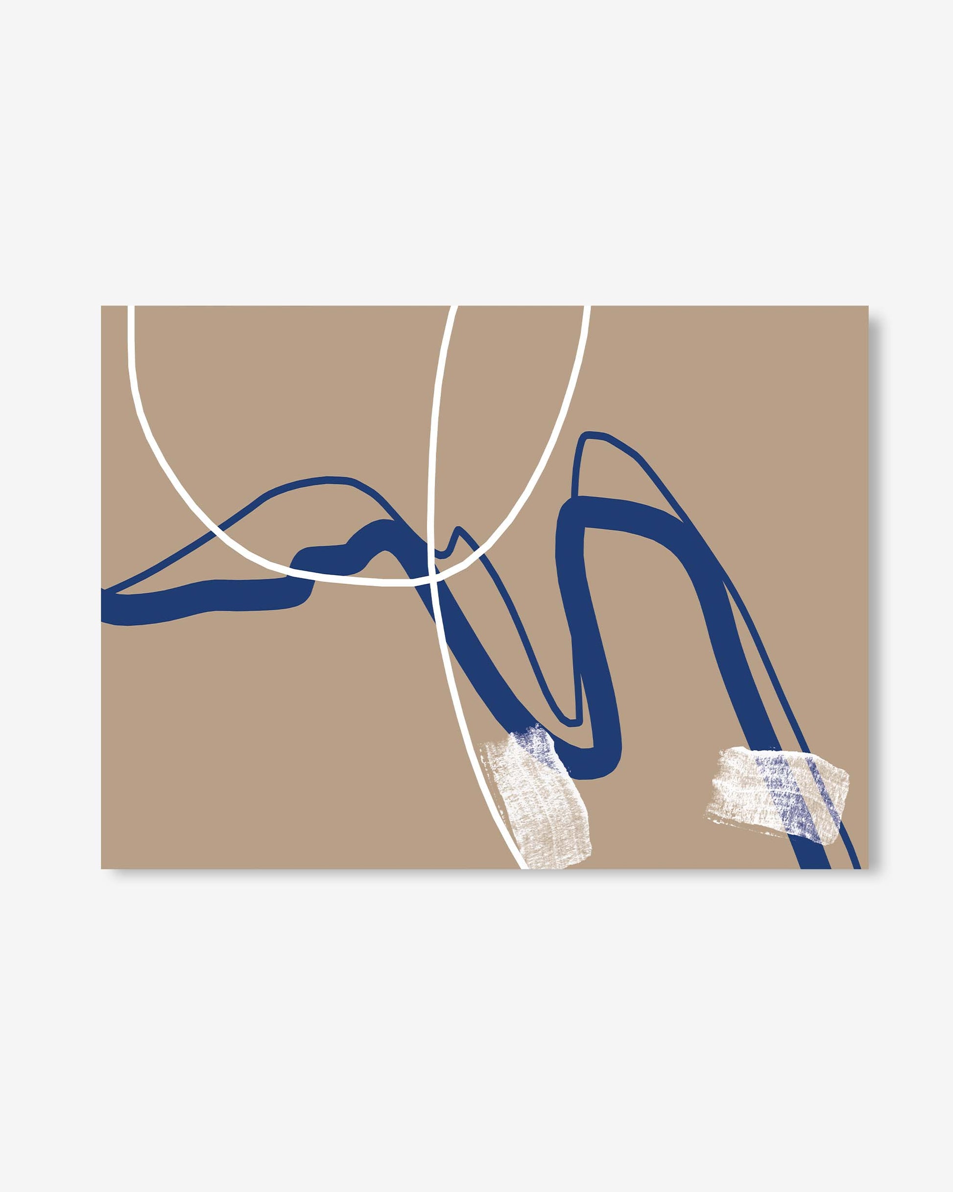 Abstract design with blue lines and white circles on a beige background