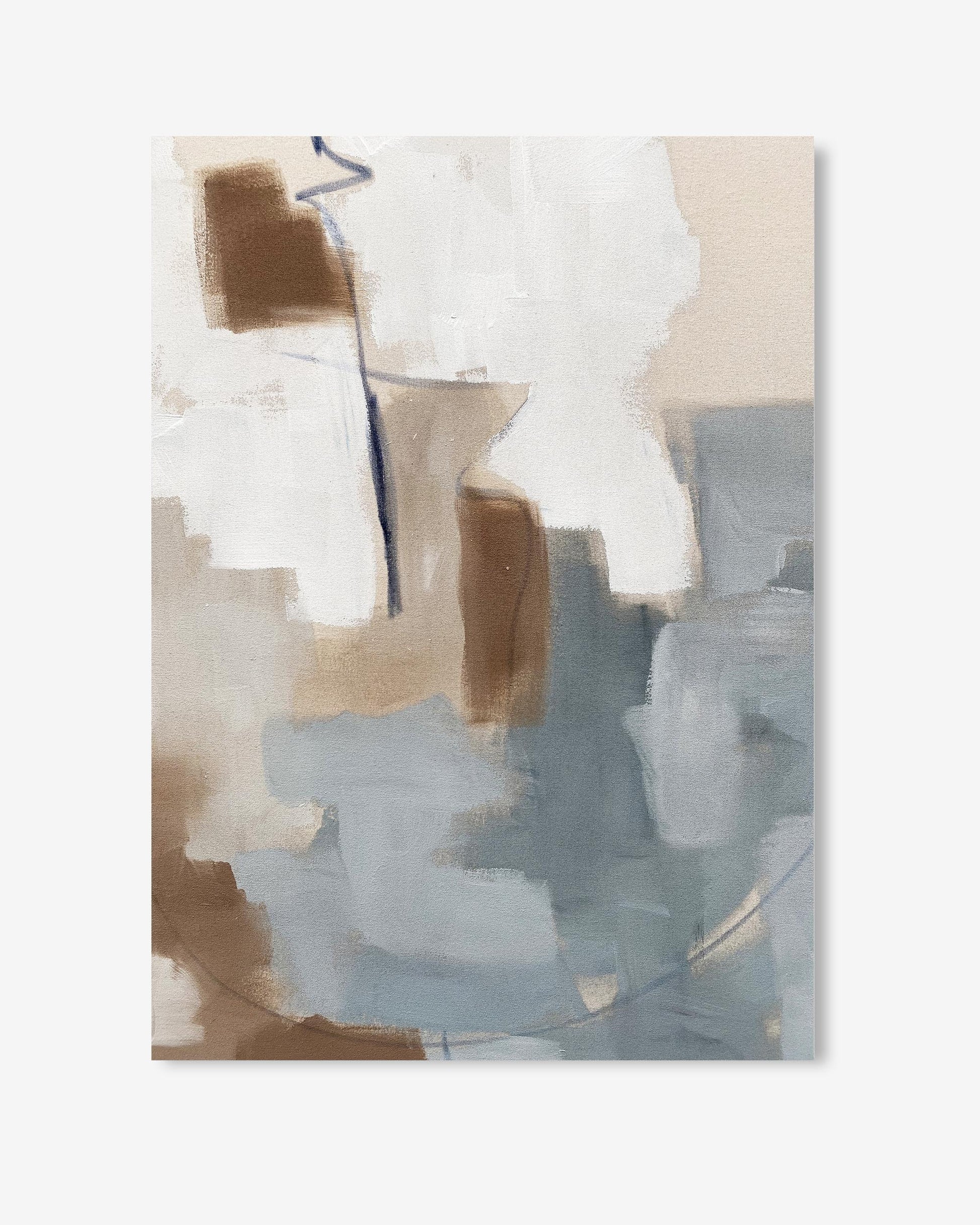 Abstract art print with brown, white, and blue colors on a light gray background