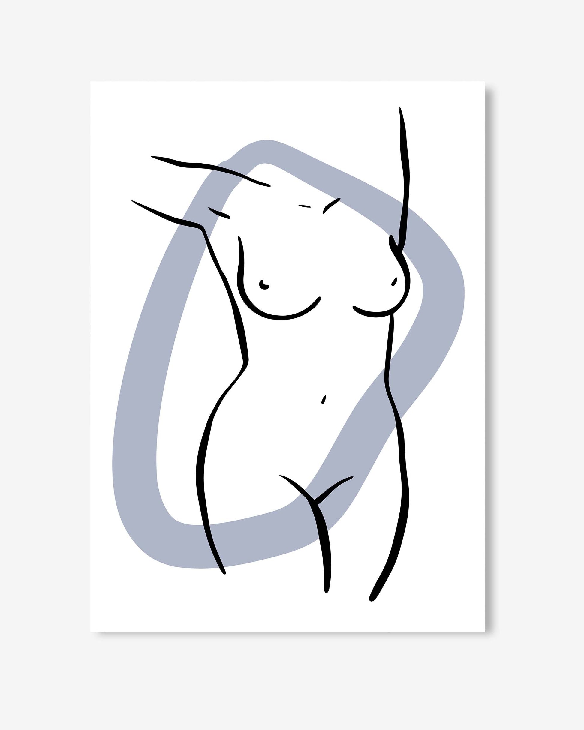 Abstract line art of a nude figure with a blue circle on a white background