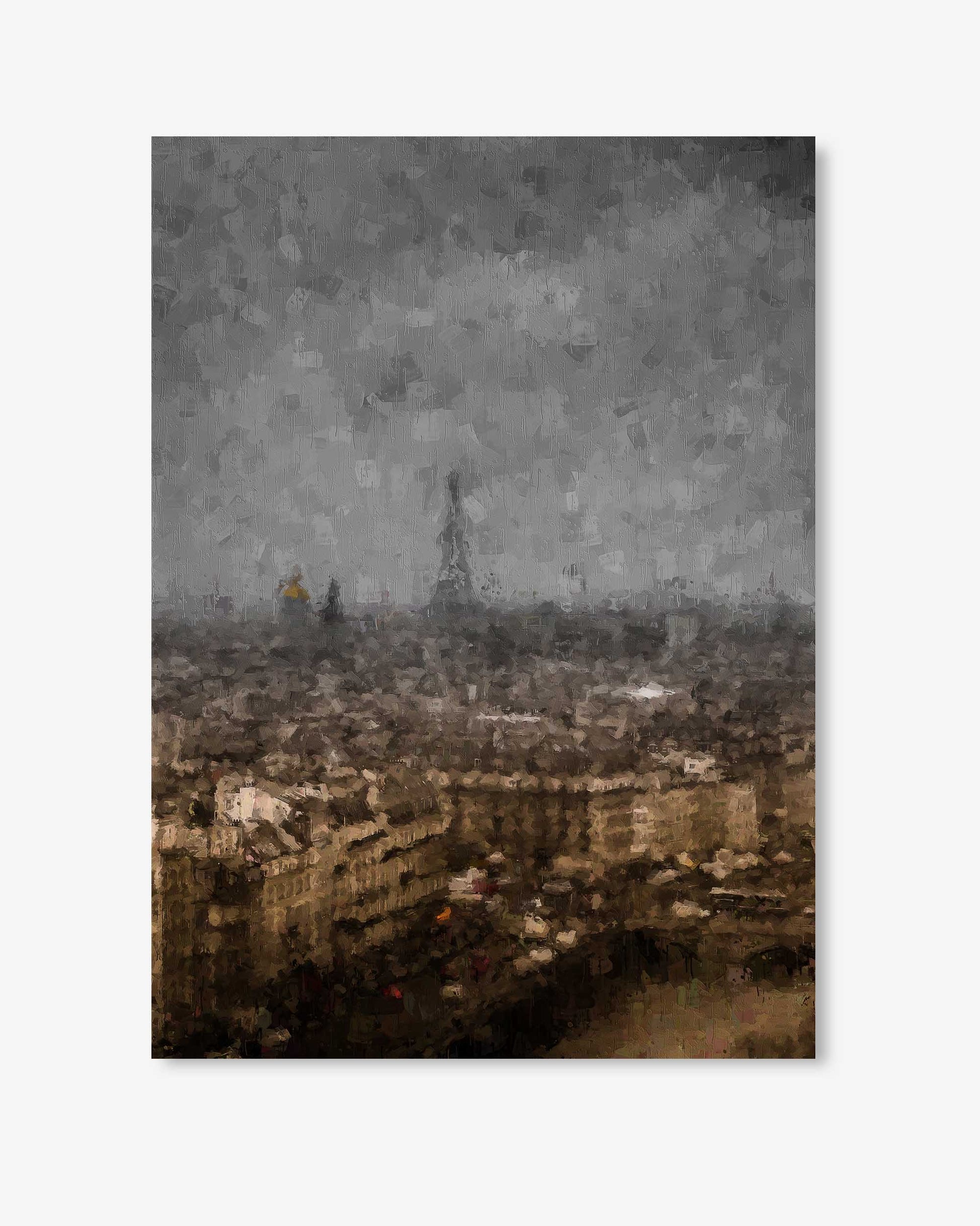 Cityscape painting with a prominent tower under a cloudy sky