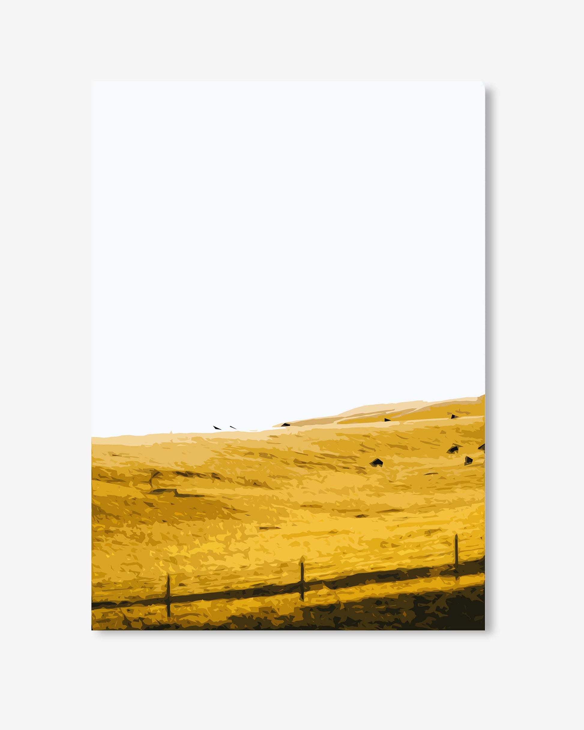 Yellow landscape with a fence and birds on a white background