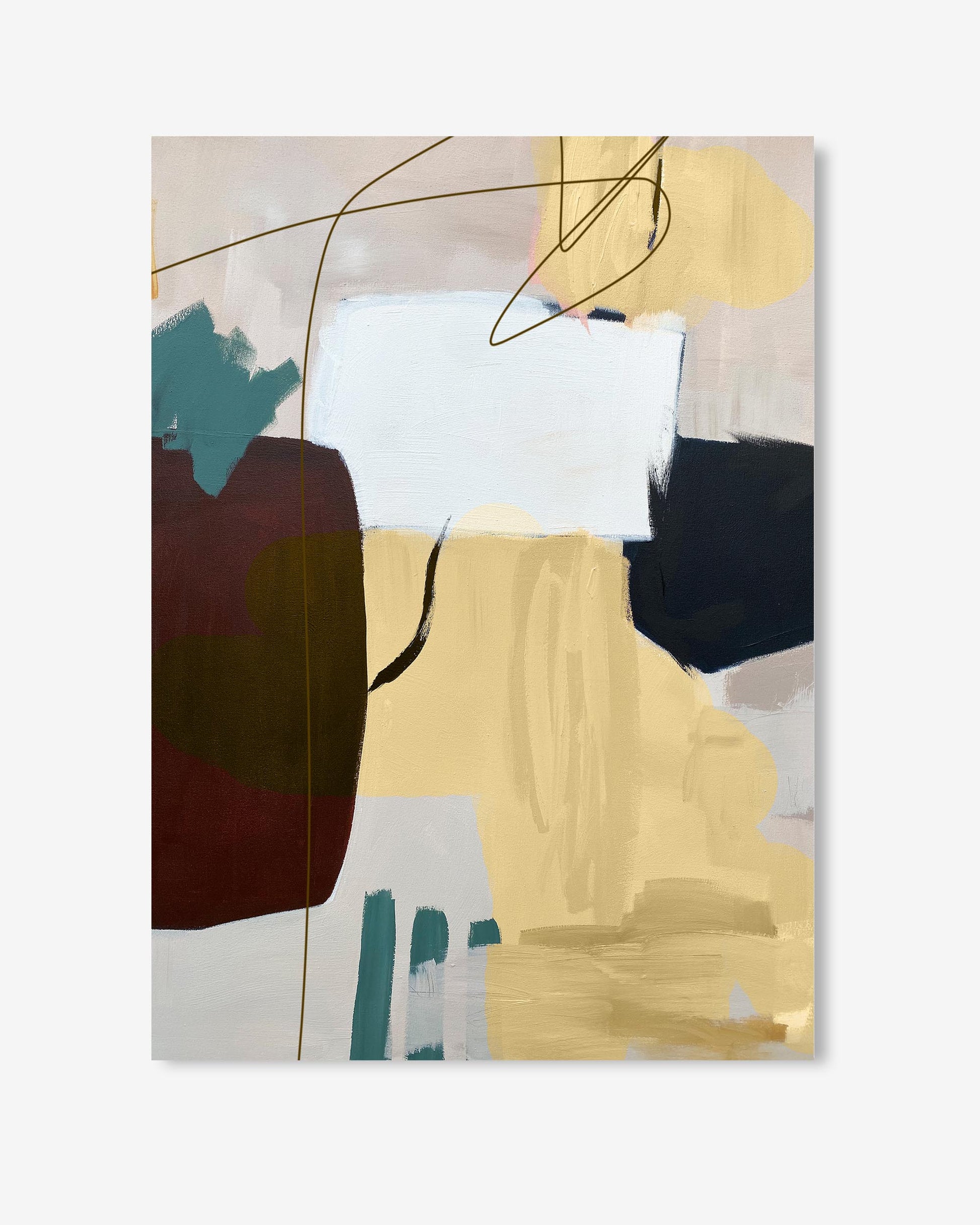 Abstract art print with geometric shapes and bold colors on a light background