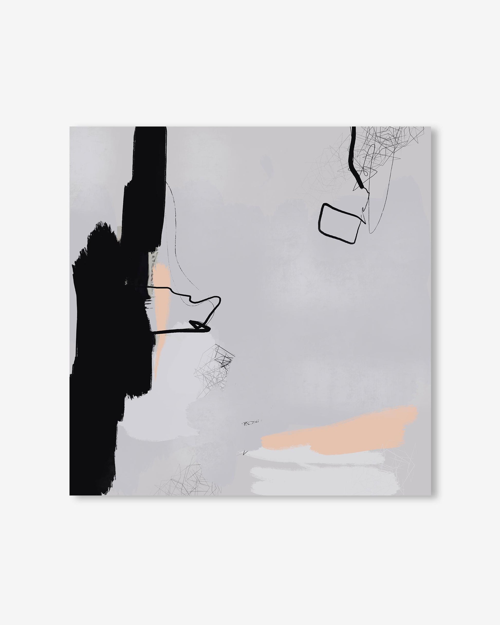 Abstract art piece with black, white, and peach colors on a gray background
