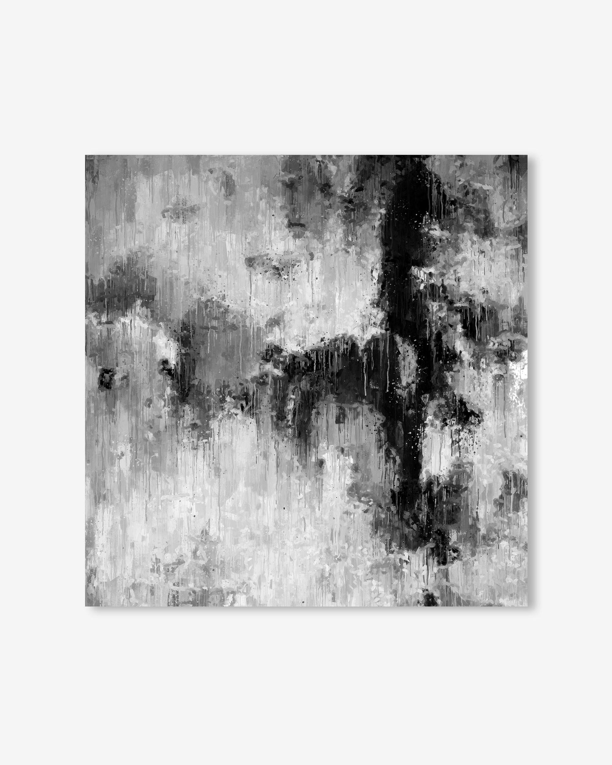 Abstract black and white painting on a light gray background