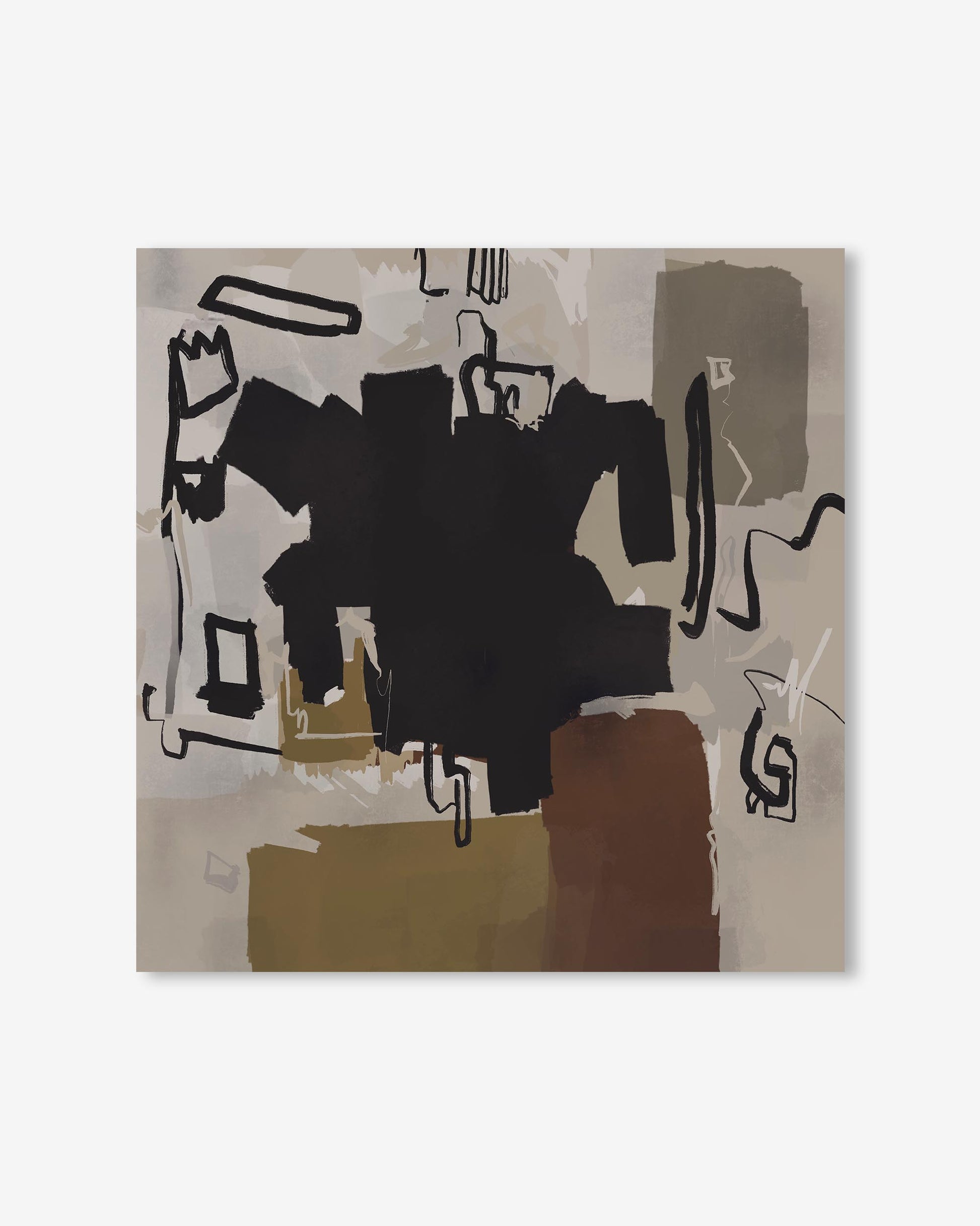 Abstract art piece with black, brown, and beige colors on a light gray background