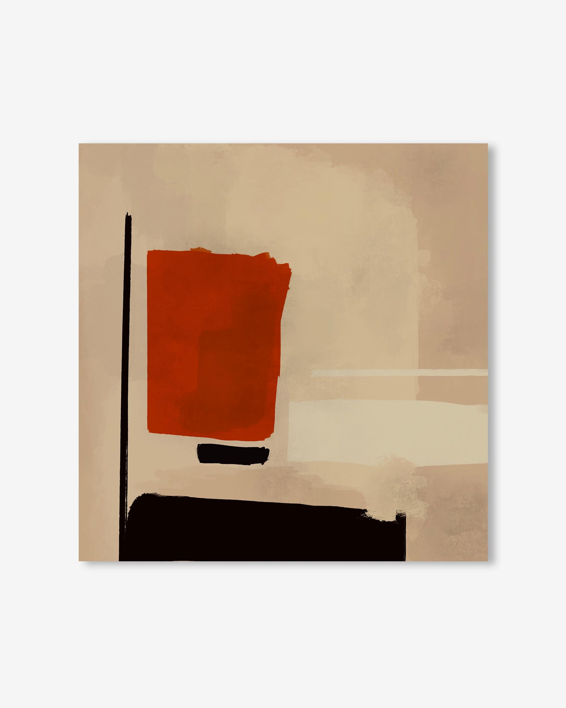 Abstract art piece with a red square and black shapes on a beige background