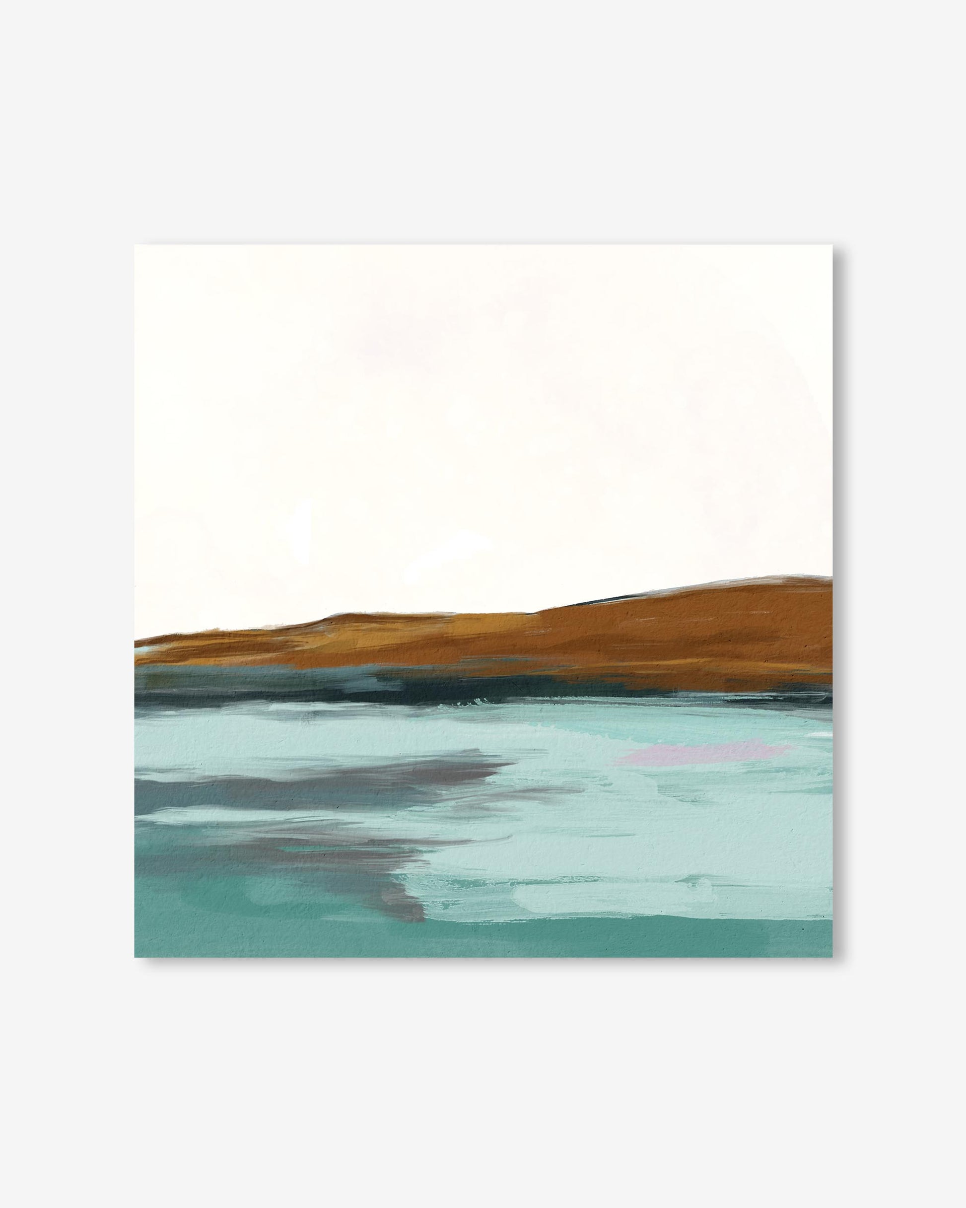 Abstract painting with brown, green, and blue colors on a white background