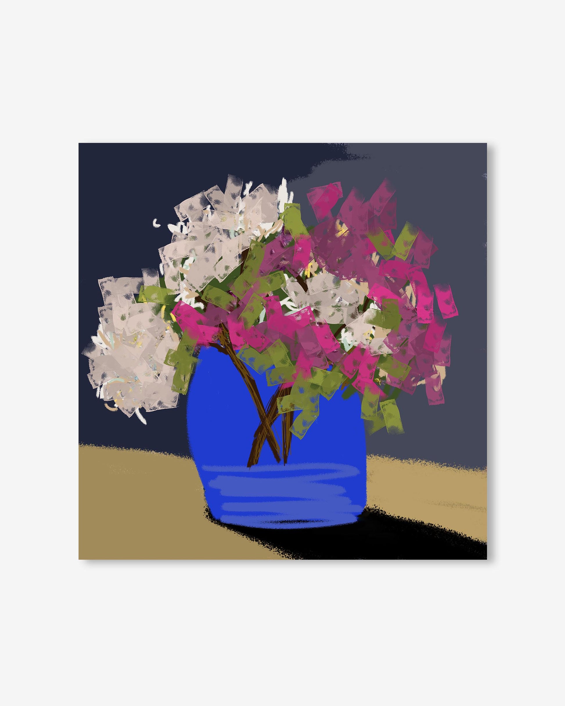 Artistic depiction of a blue vase with flowers on a dark background