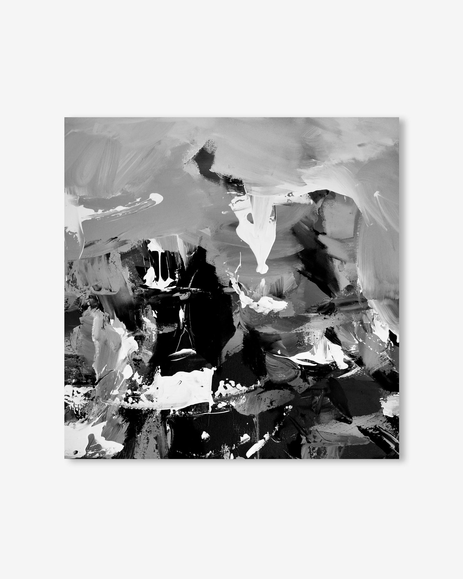 Abstract black and white painting on a light gray background