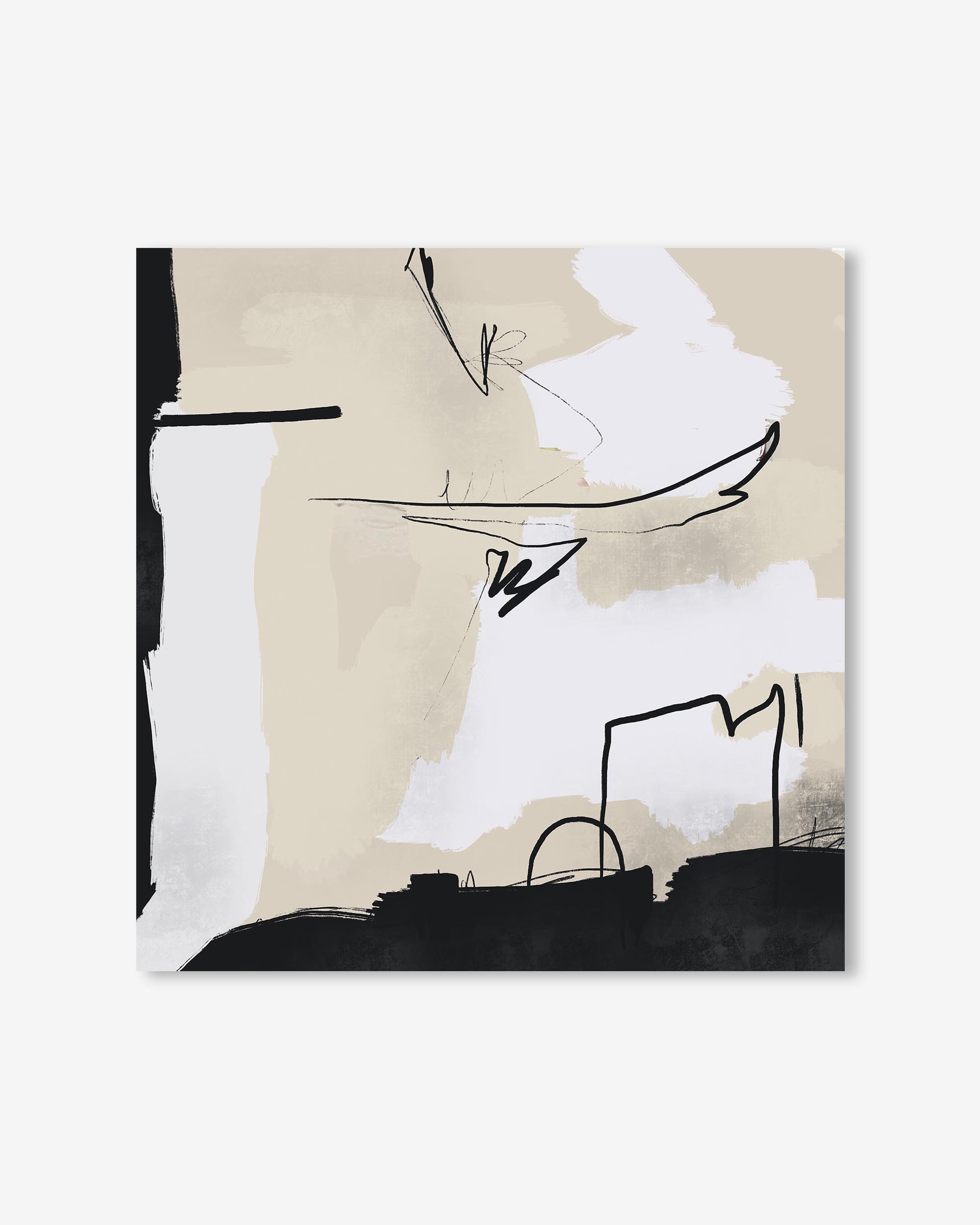 Abstract art piece with black, white, and beige colors on a beige background