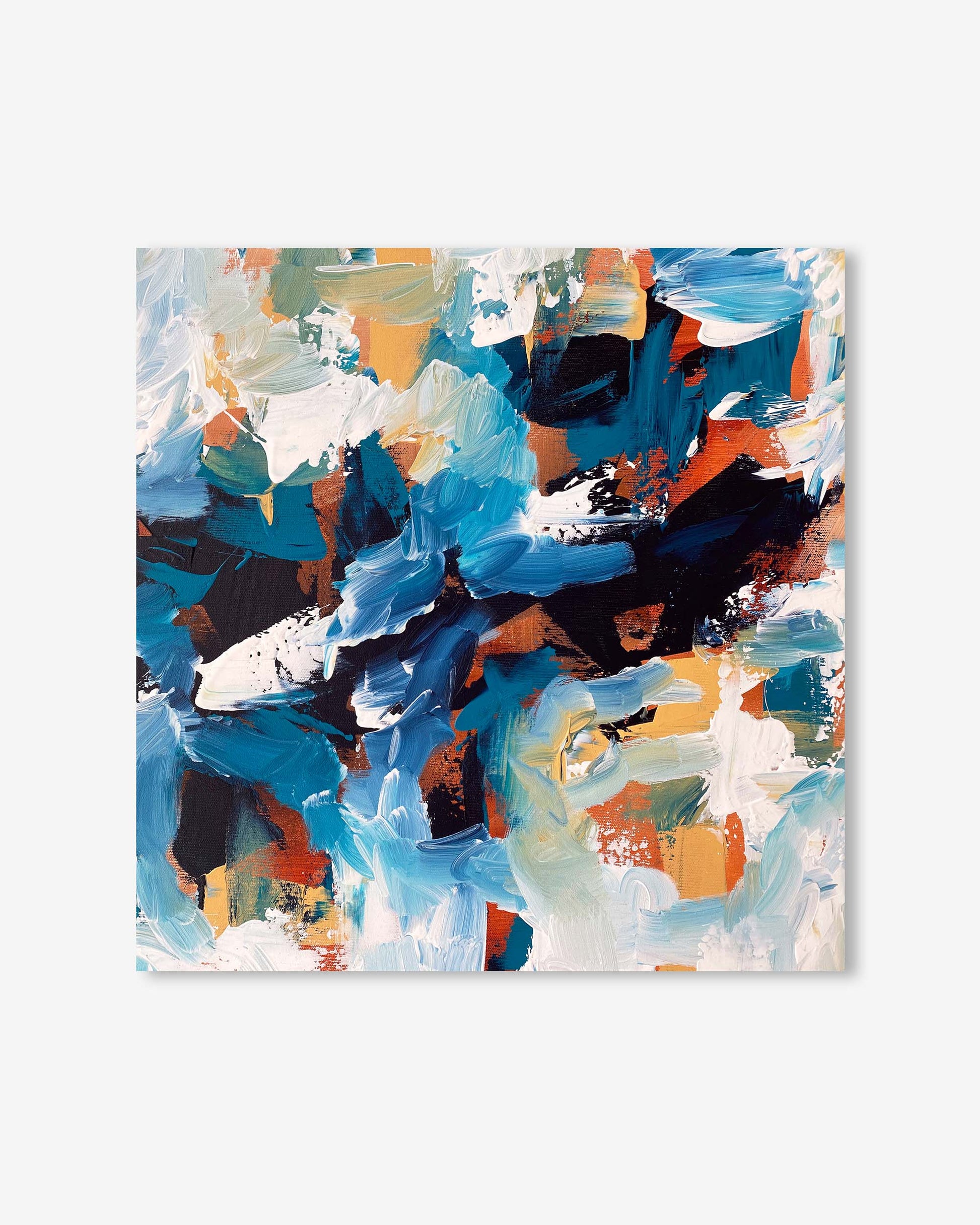 Abstract painting with a mix of blue, orange, black, and white on a light gray background