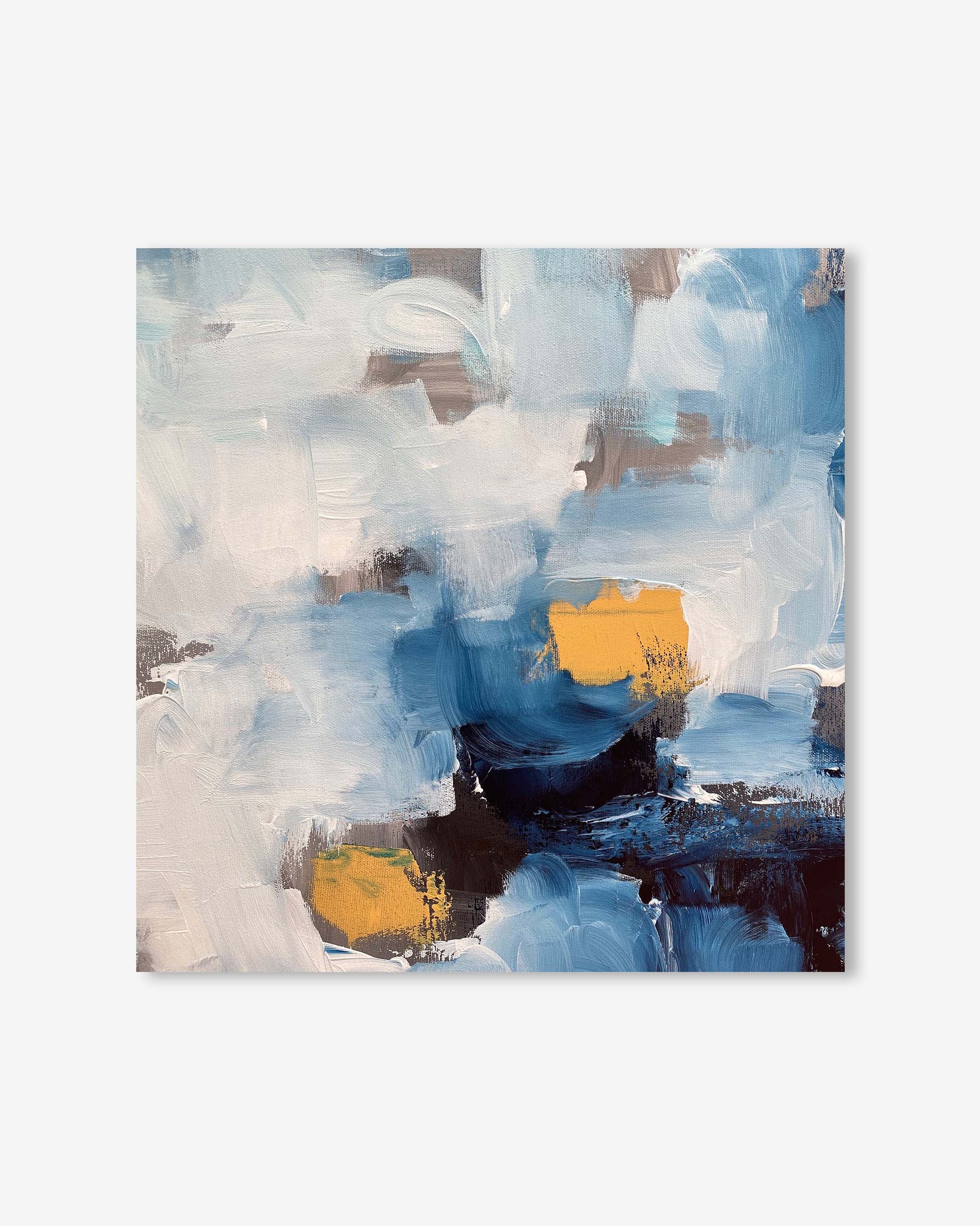 Abstract painting with blue, white, and yellow colors on a light gray background