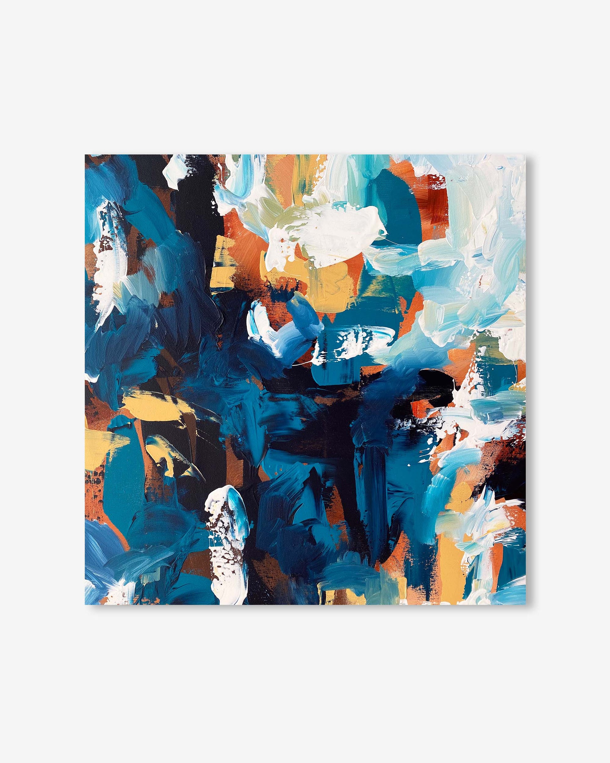 Abstract art print with blue, orange, and white colors on a light gray background
