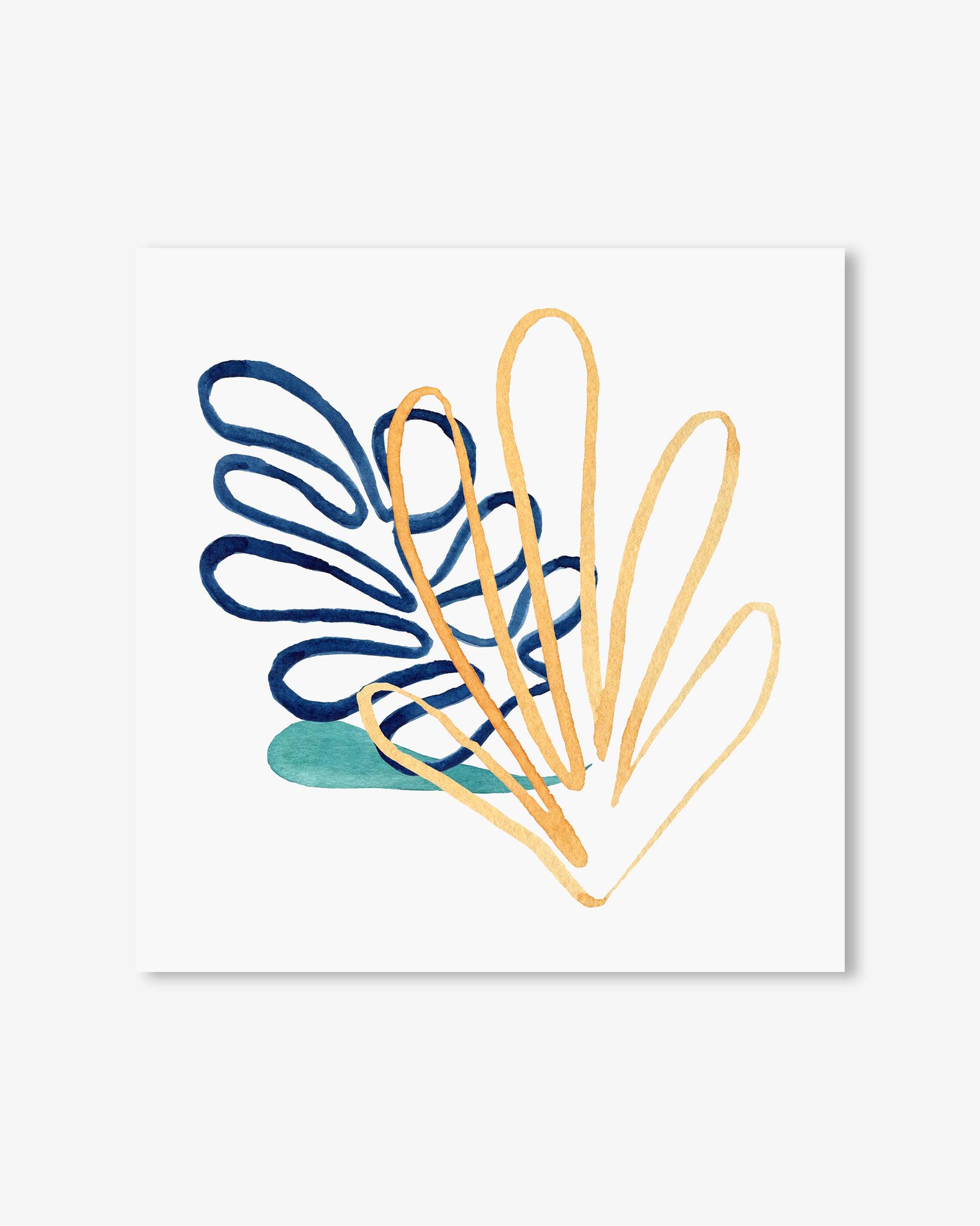 Abstract art print with blue and gold shapes on a white background