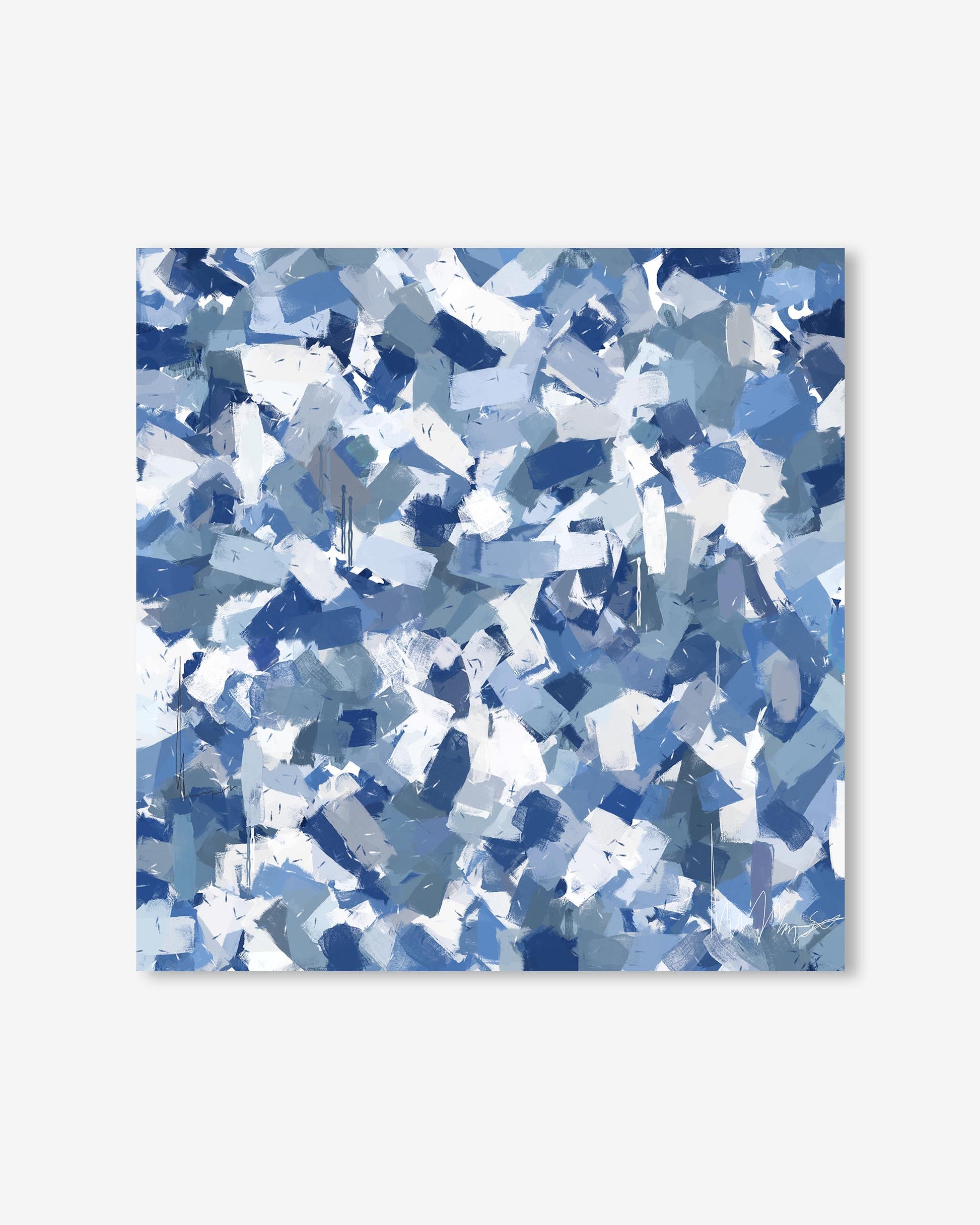 Abstract pattern of blue and white shapes on a light blue background