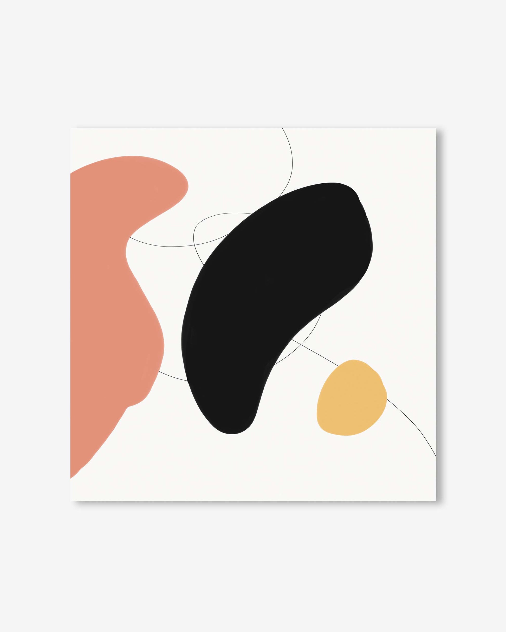 Abstract art print with black, pink, and yellow shapes on a white background