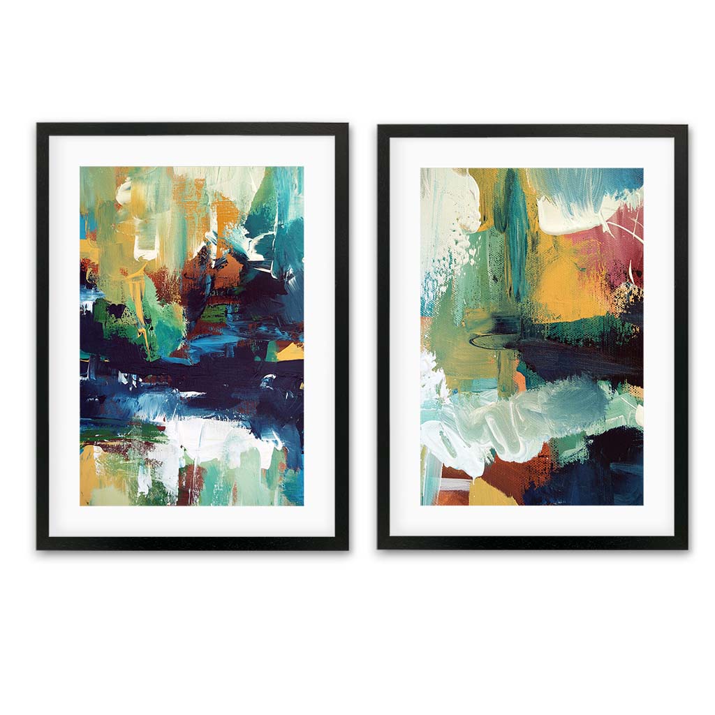 Vibrant Abstracts In Teal And Gold - Print Set Of 2