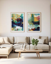 Modern living room with a beige sectional sofa, wooden coffee table, and abstract art on the wall.