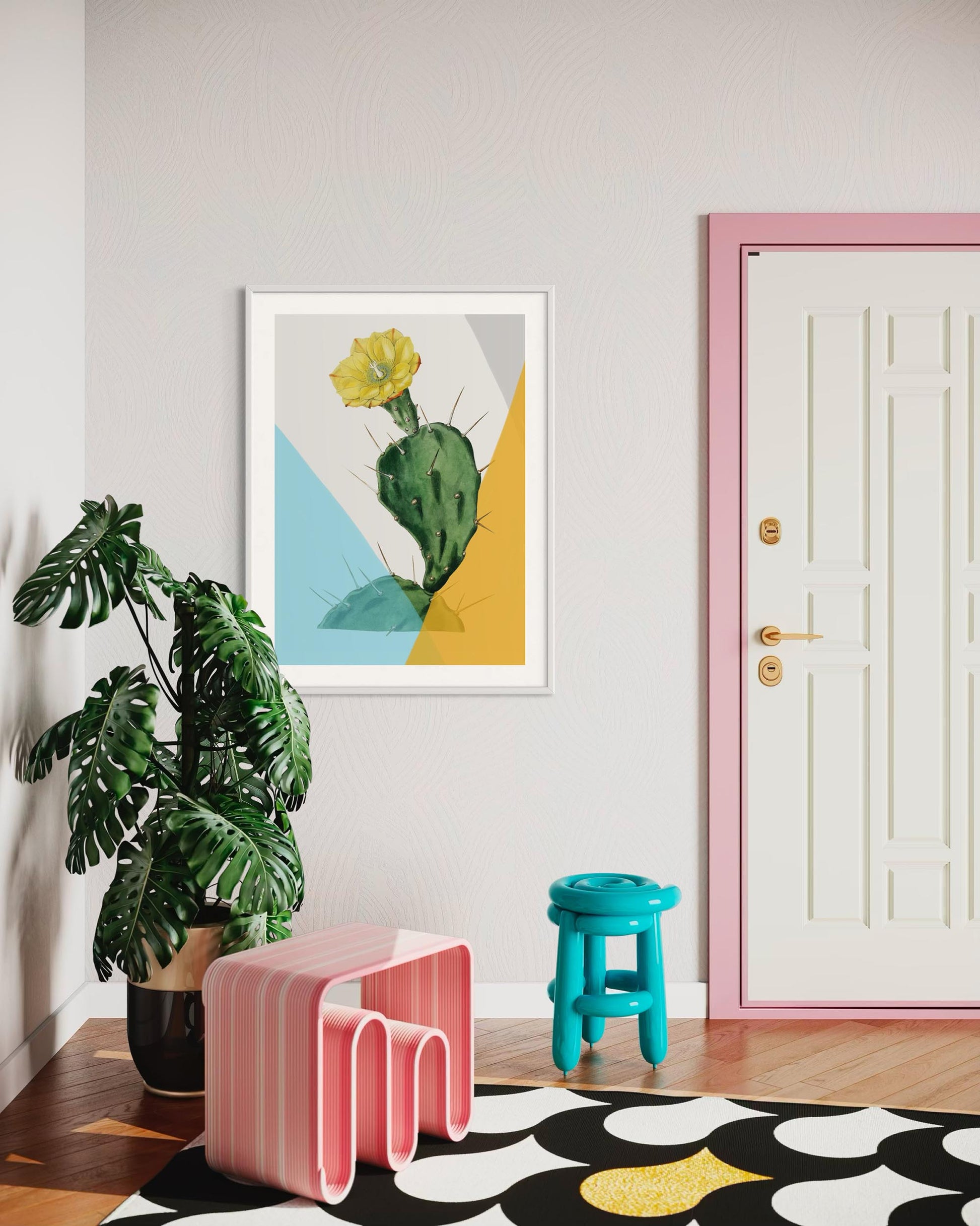 Modern interior with a plant, colorful stools, and abstract art on the wall.