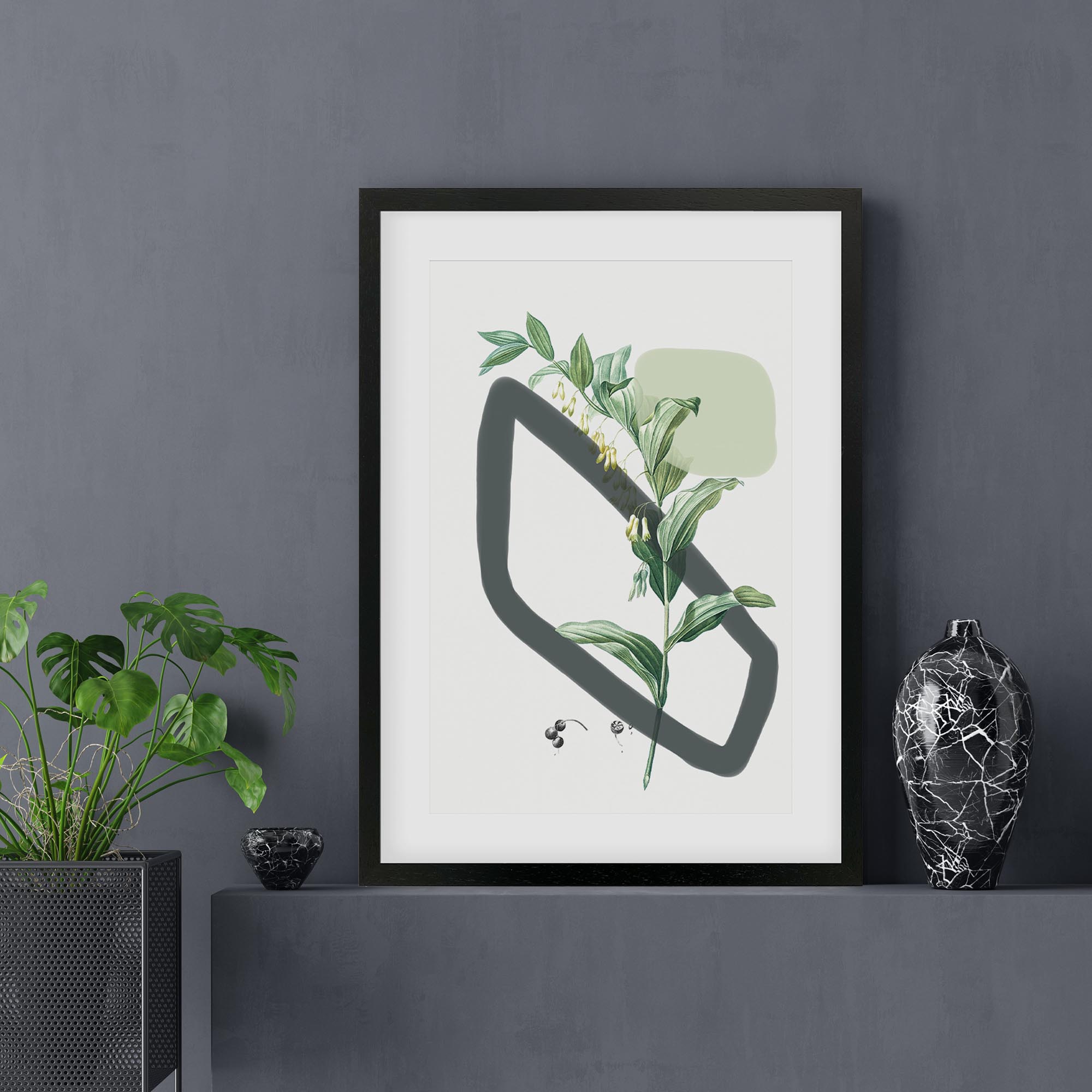 Vintage Plant With Shapes Framed Art