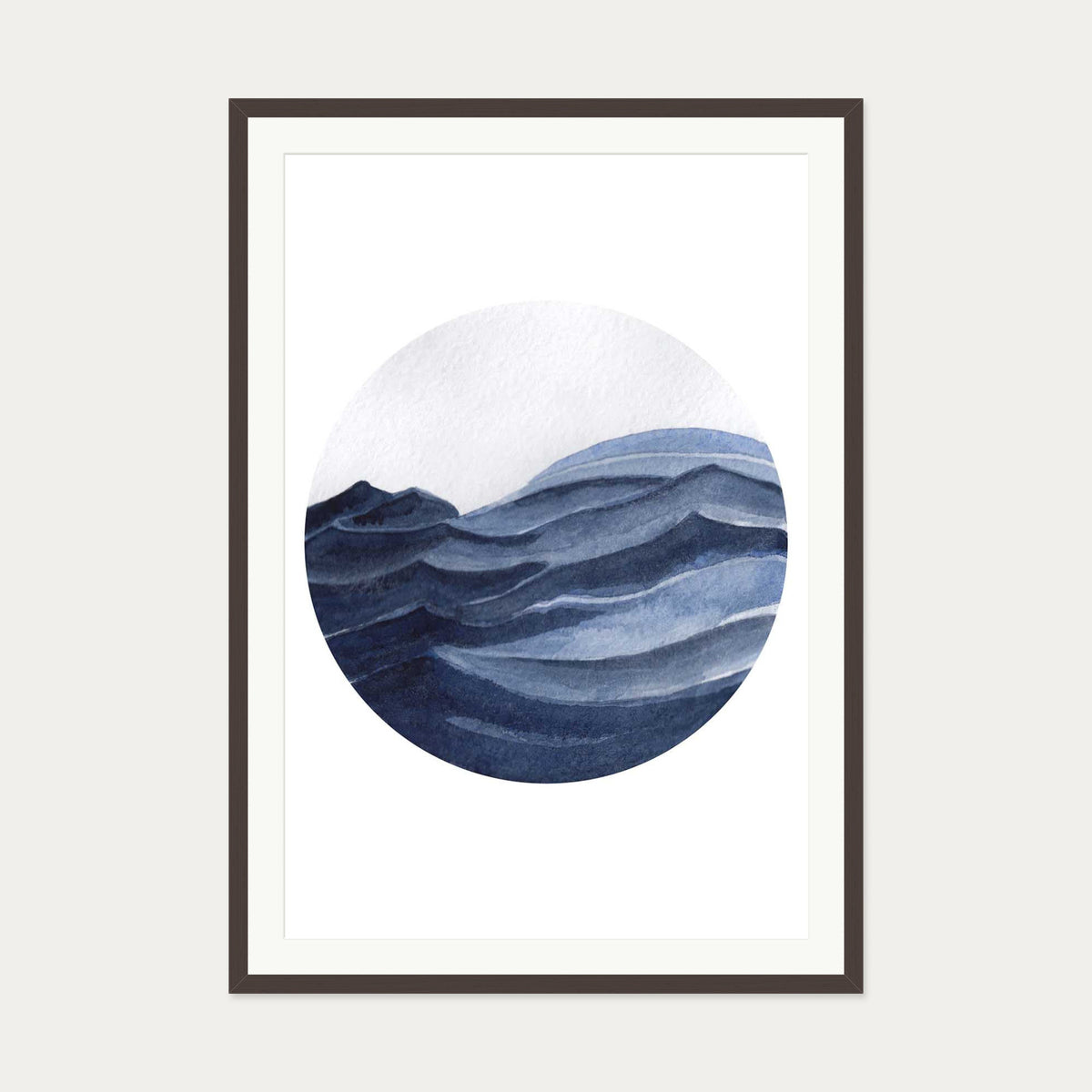 Watercolour Blue Seascape Art Print — 70 x 100 cm — Brown Frame