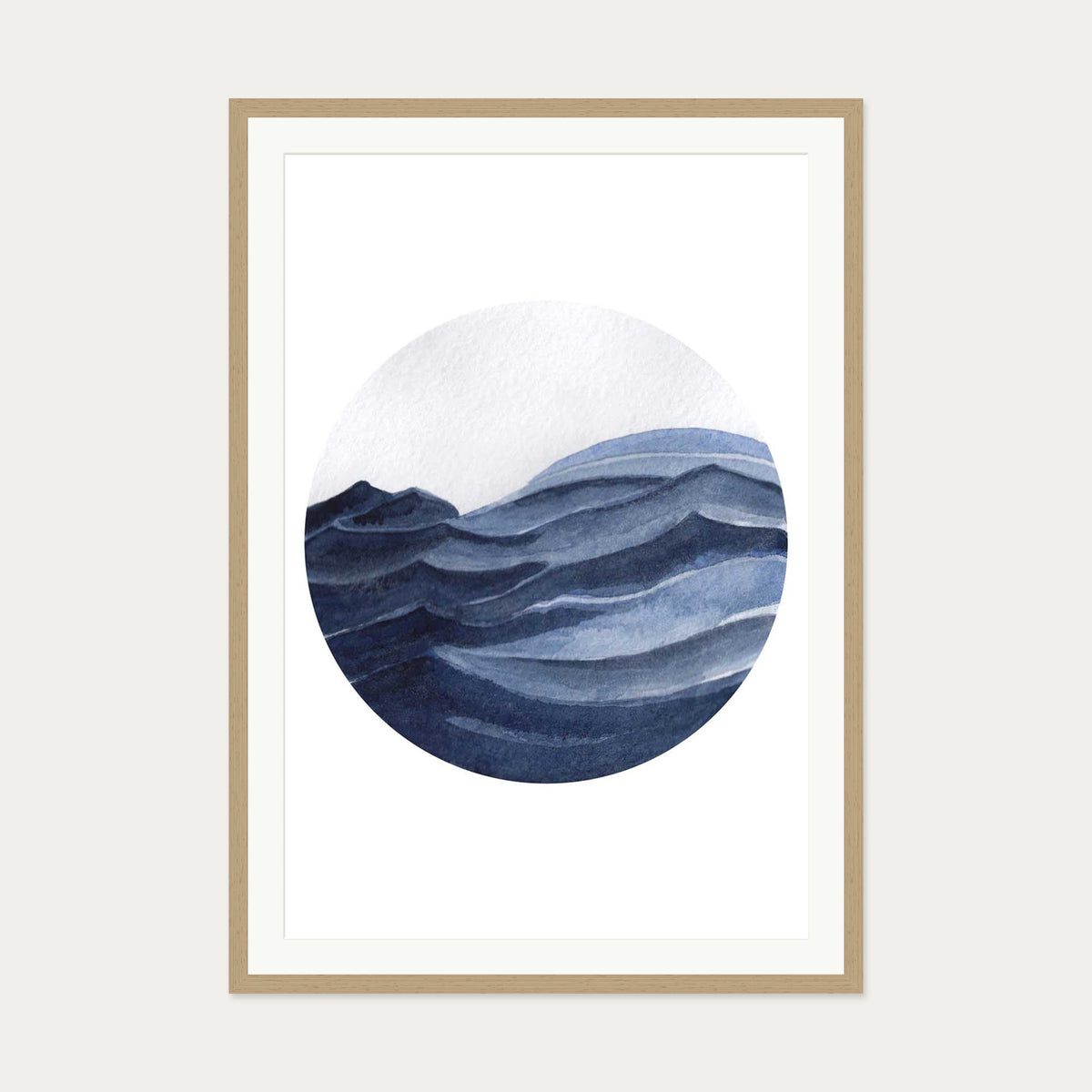 Watercolour Blue Seascape Art Print — 70 x 100 cm — Oak Frame