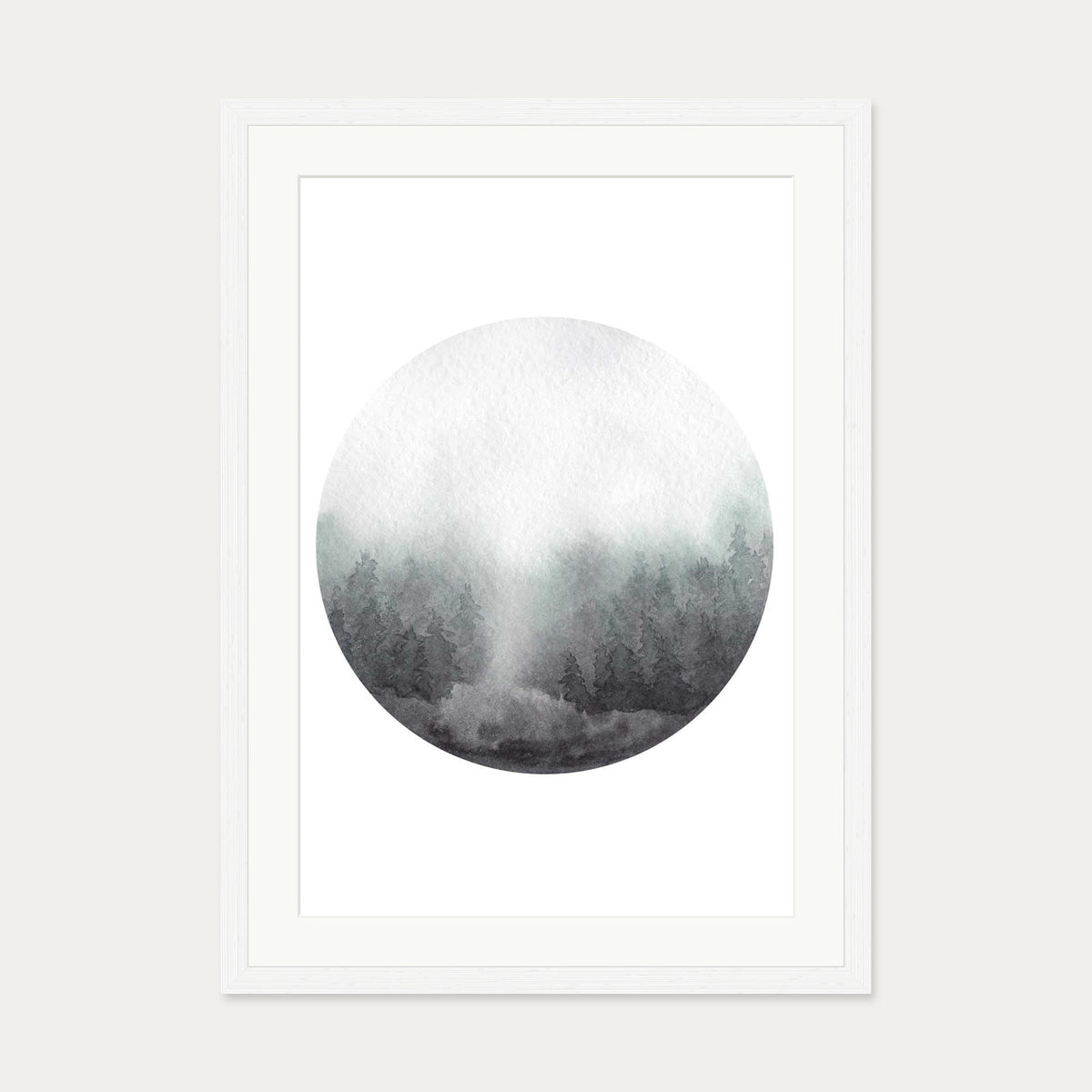 Watercolour Forest At Dawn Art Print — 50 x 70 cm — White Frame