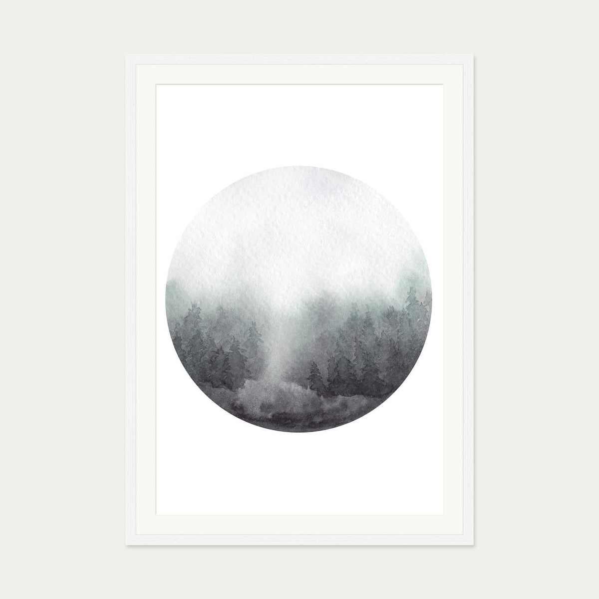 Watercolour Forest At Dawn Art Print — 70 x 100 cm — White Frame