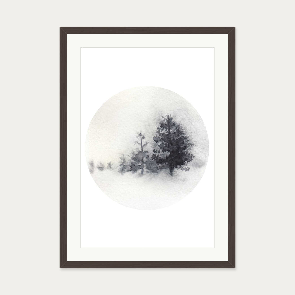 Watercolour Forest In Winter Art Print — 50 x 70 cm — Brown Frame