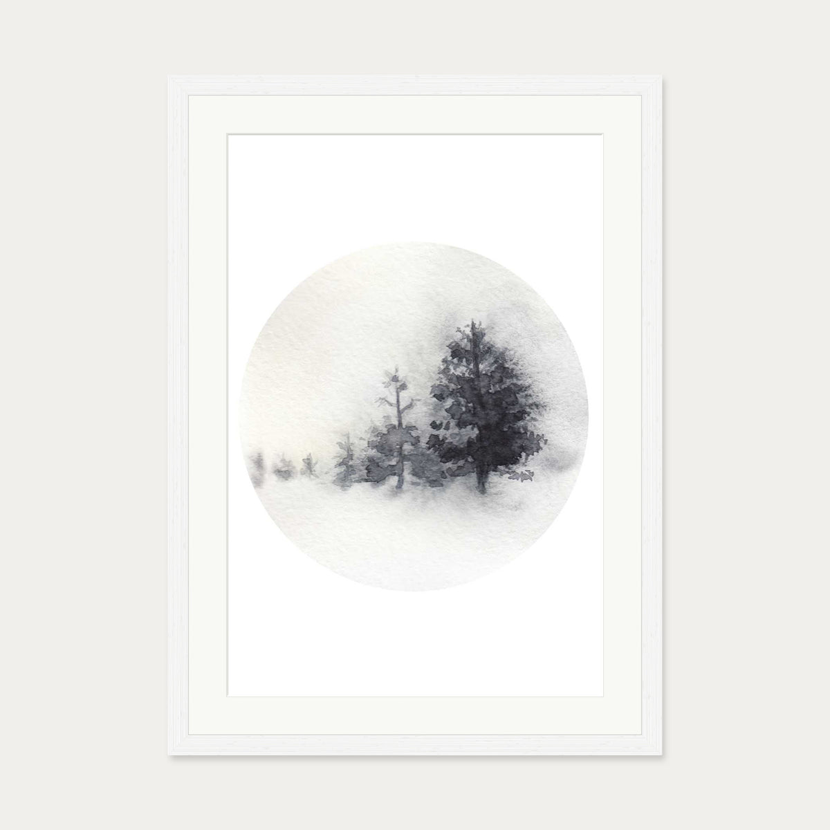 Watercolour Forest In Winter Art Print — 50 x 70 cm — White Frame