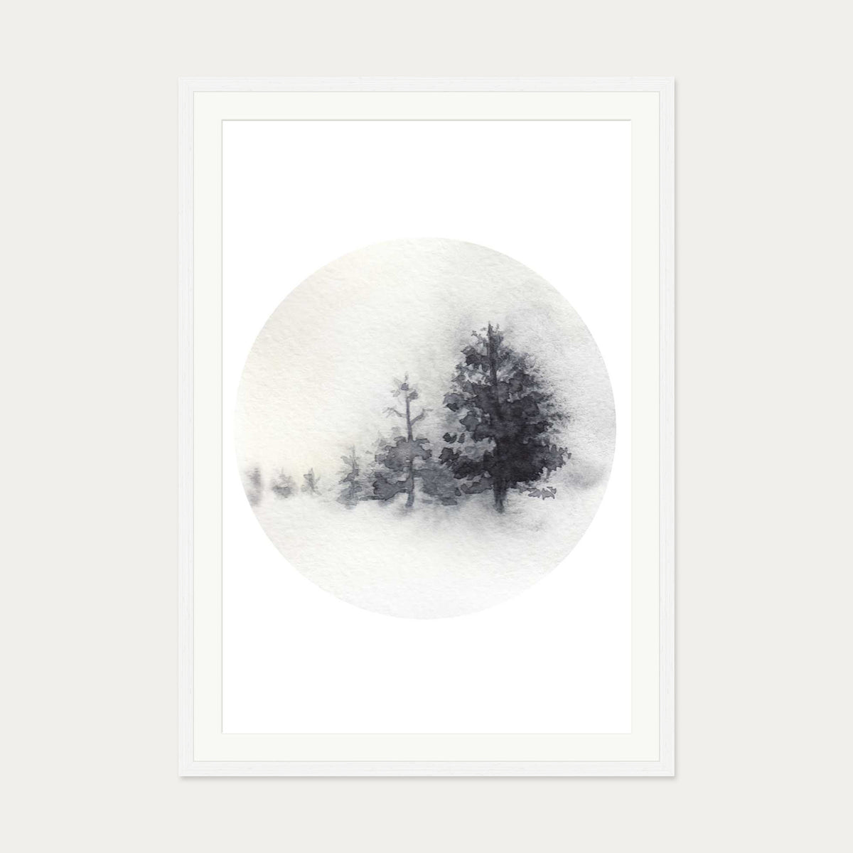 Watercolour Forest In Winter Art Print — 70 x 100 cm — White Frame
