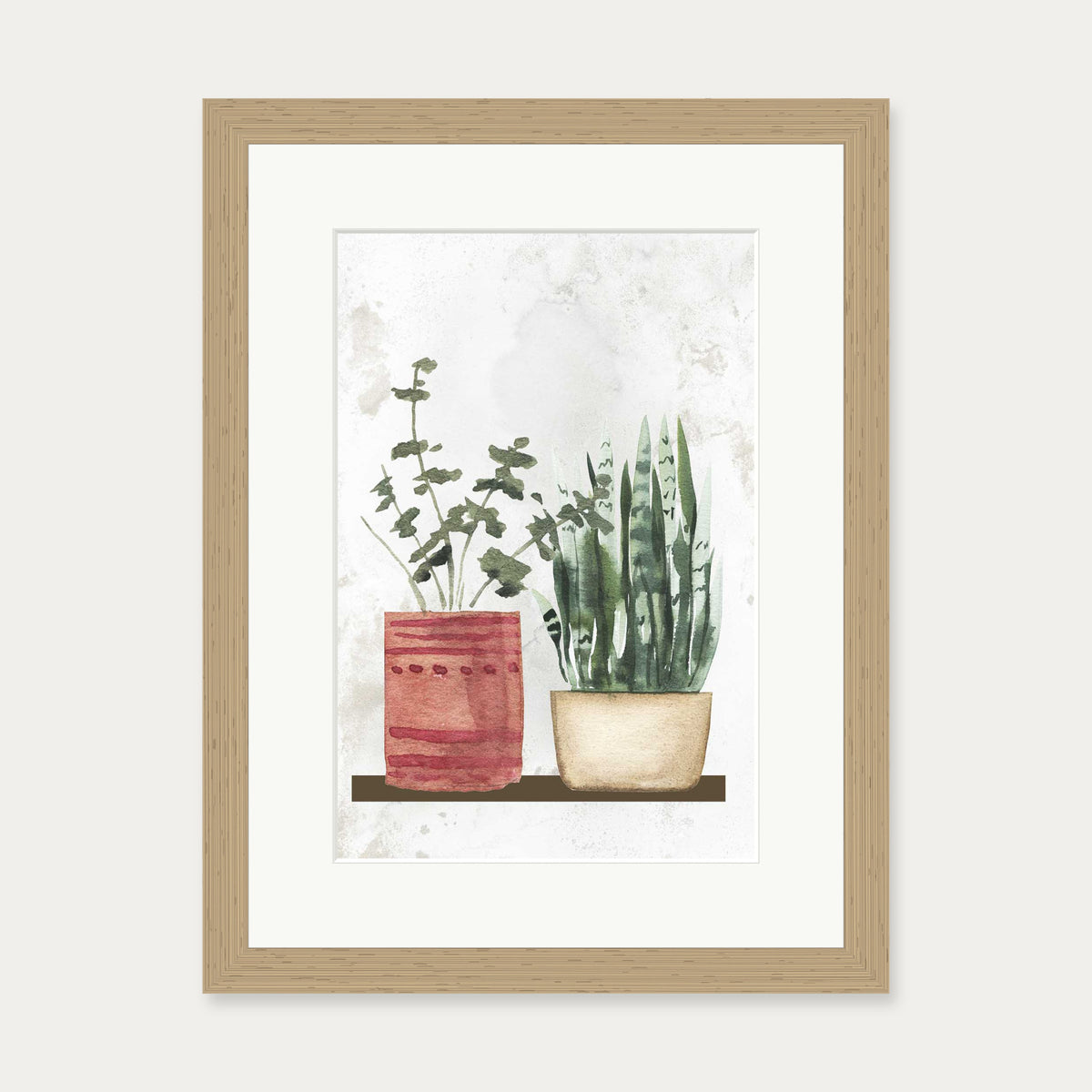 Watercolour Pair Of Potted Plants Art Print — 30 x 40 cm — Oak Frame