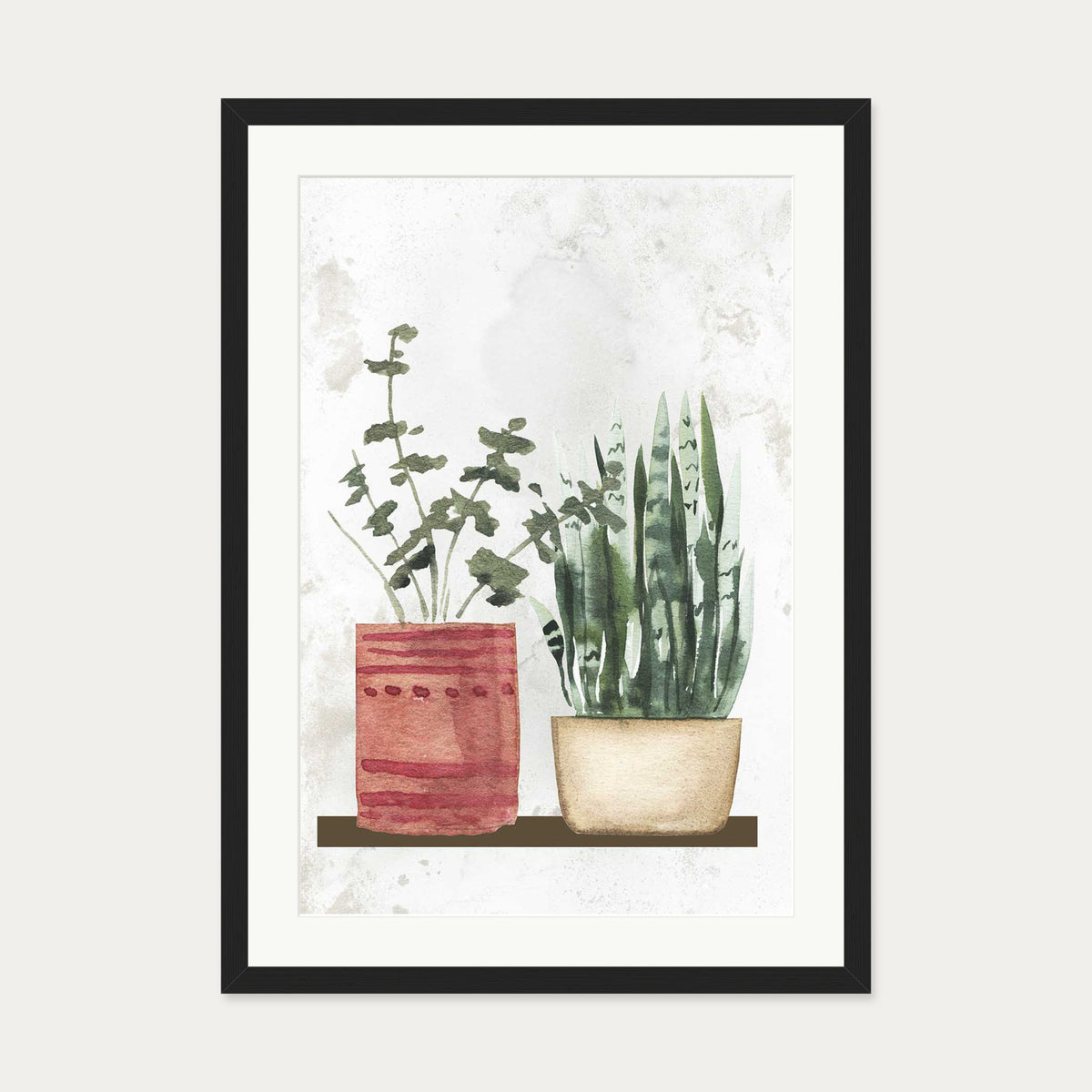 Watercolour Pair Of Potted Plants Art Print — 50 x 70 cm — Black Frame