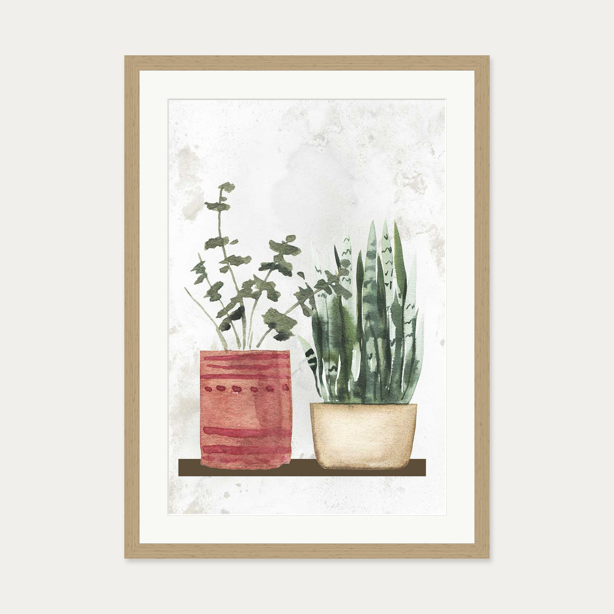 Watercolour Pair Of Potted Plants Art Print — 50 x 70 cm — Oak Frame