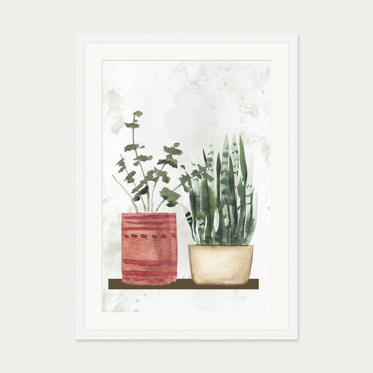 Watercolour Pair Of Potted Plants Art Print — 50 x 70 cm — White Frame