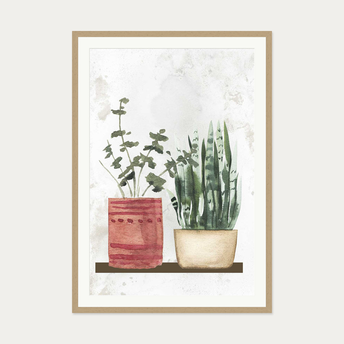 Watercolour Pair Of Potted Plants Art Print — 70 x 100 cm — Oak Frame