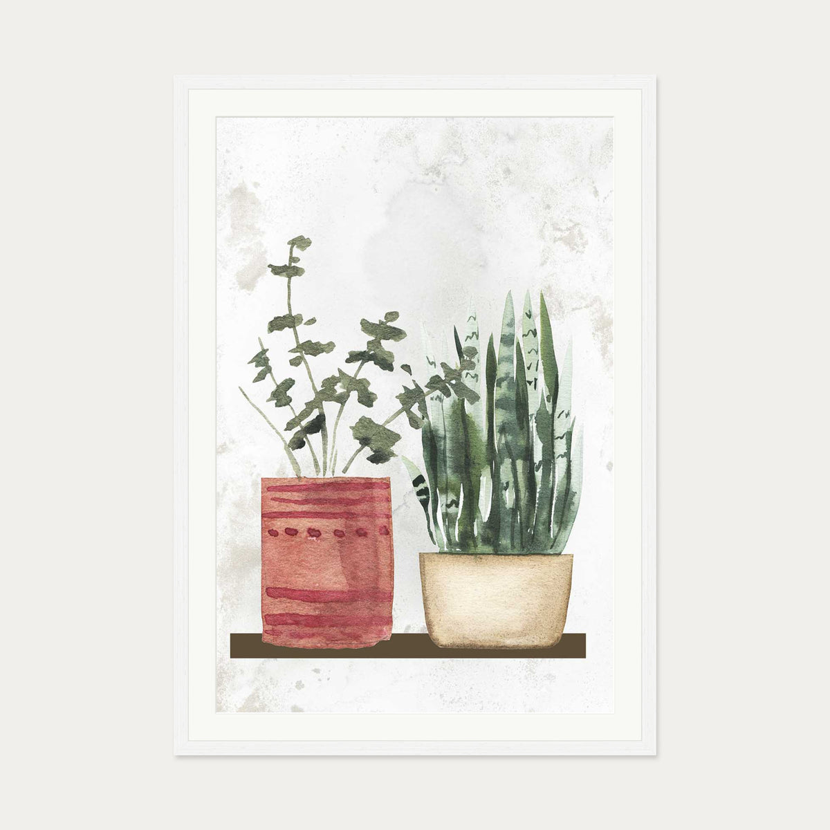 Watercolour Pair Of Potted Plants Art Print — 70 x 100 cm — White Frame
