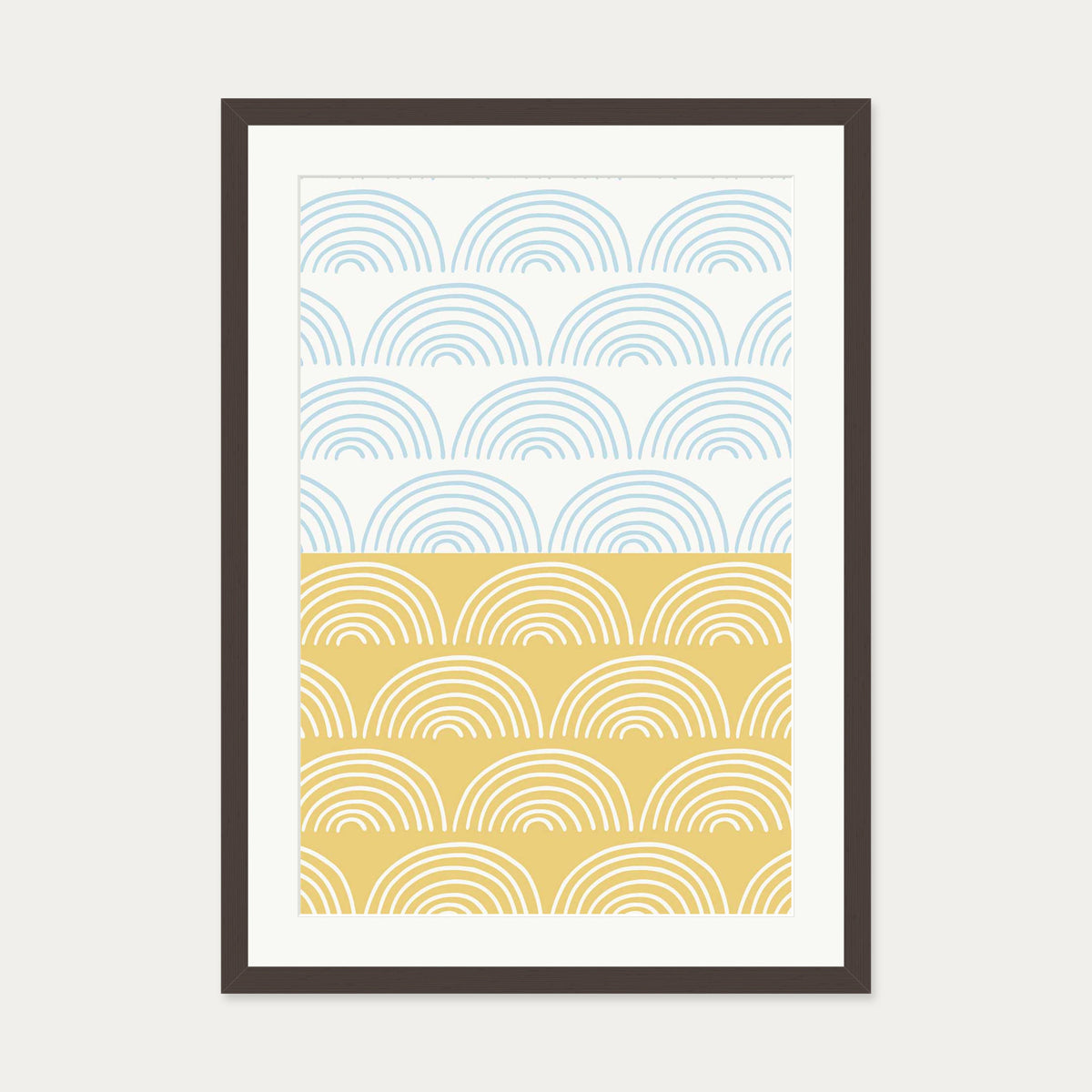 Waves Pattern Yellow & Blue Art Print — 50 x 70 cm — Brown Frame