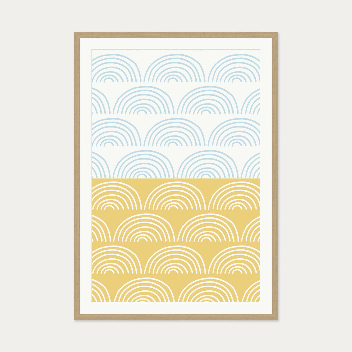 Waves Pattern Yellow & Blue Art Print — 70 x 100 cm — Oak Frame