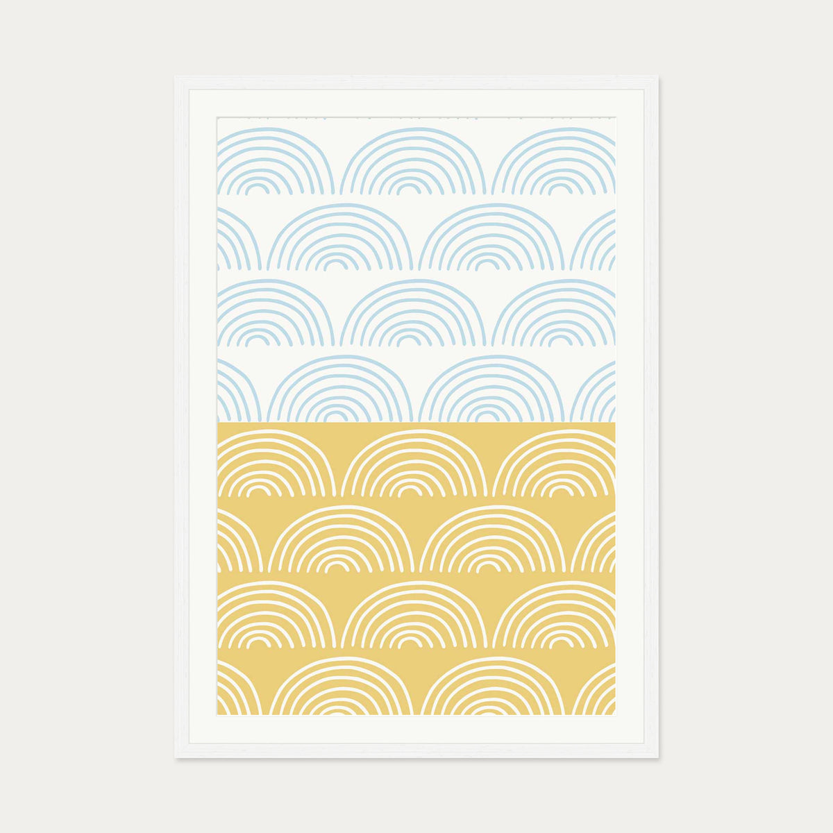 Waves Pattern Yellow & Blue Art Print — 70 x 100 cm — White Frame
