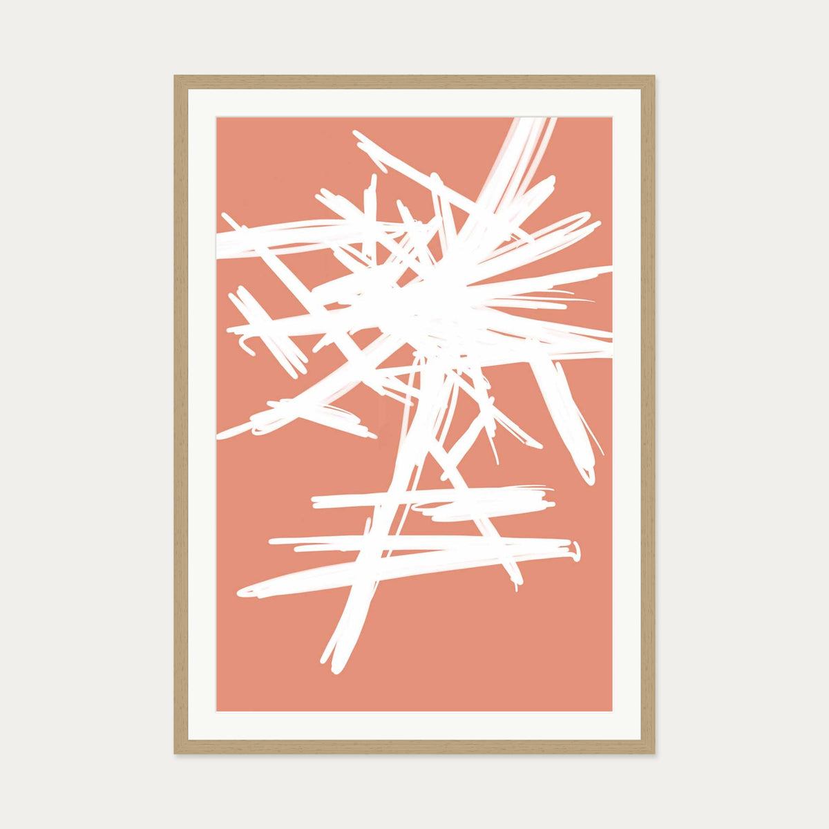 White And Orange Sketch Art Print — 70 x 100 cm — Oak Frame