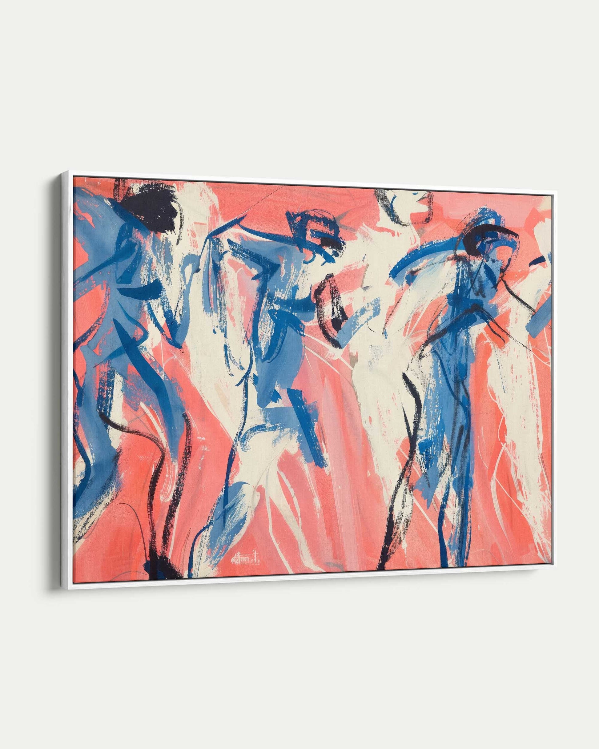 Abstract painting with blue and pink abstract figures on a white background