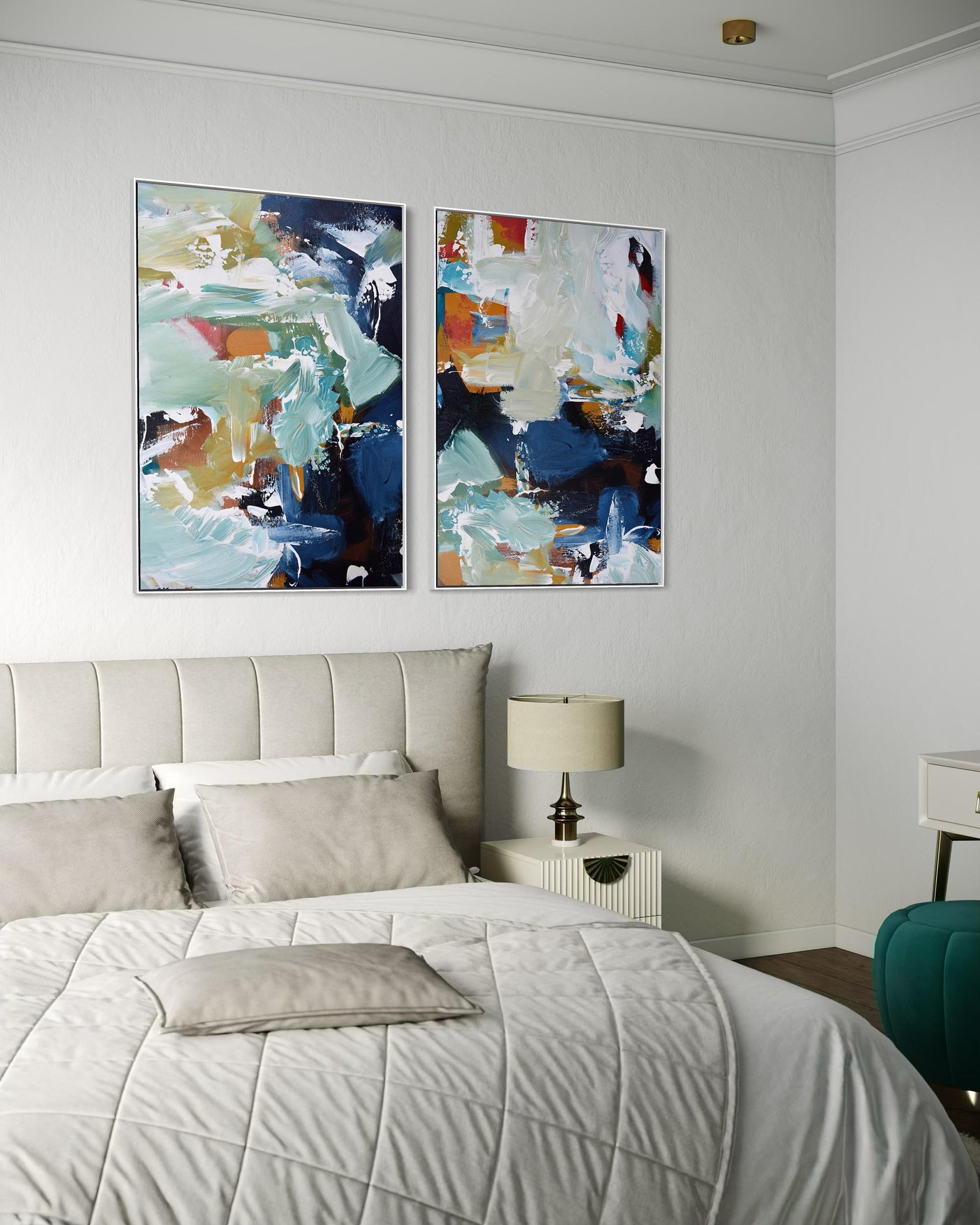 Bedroom with abstract art on the wall above a bed