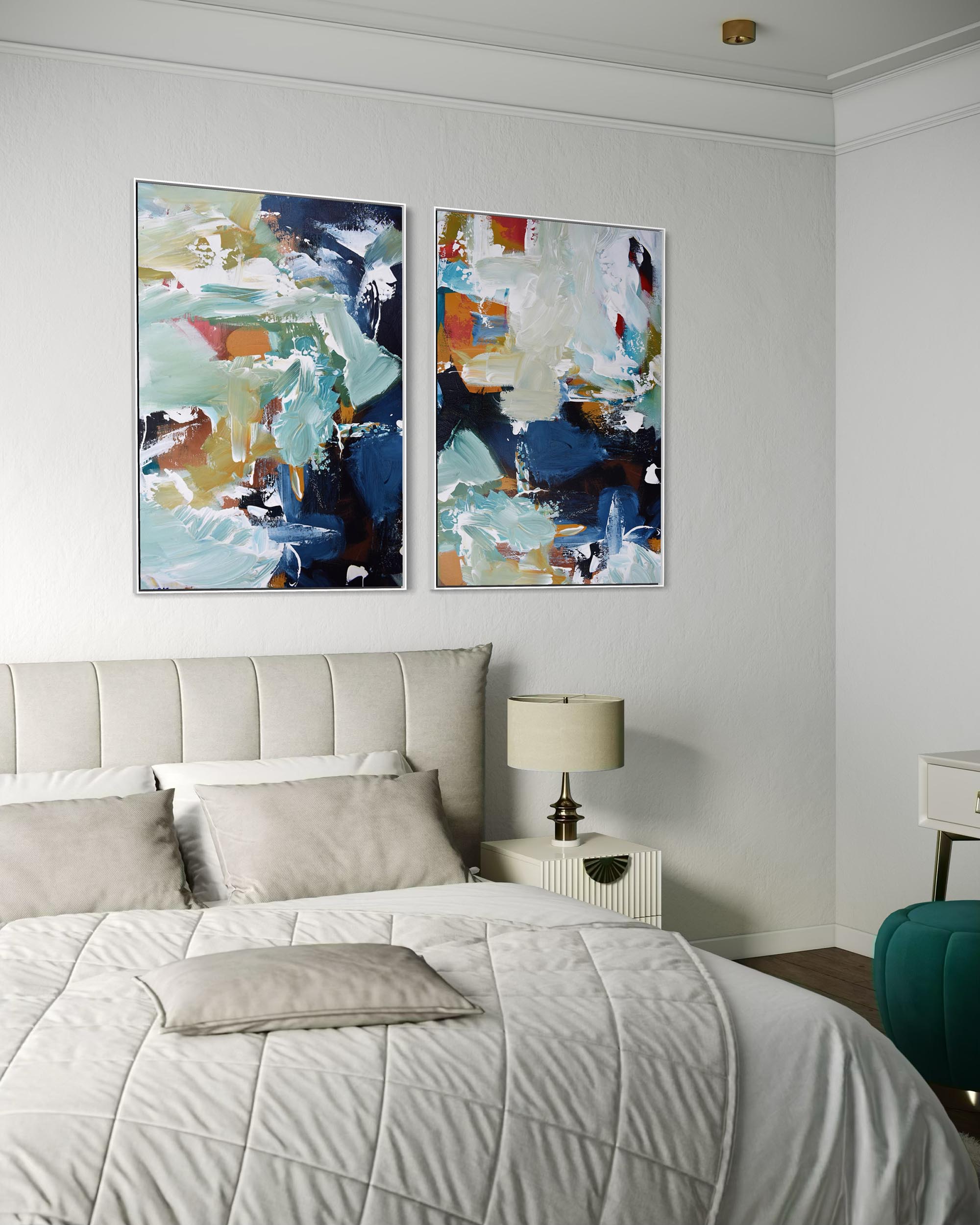 Bedroom with abstract art on the wall above a bed