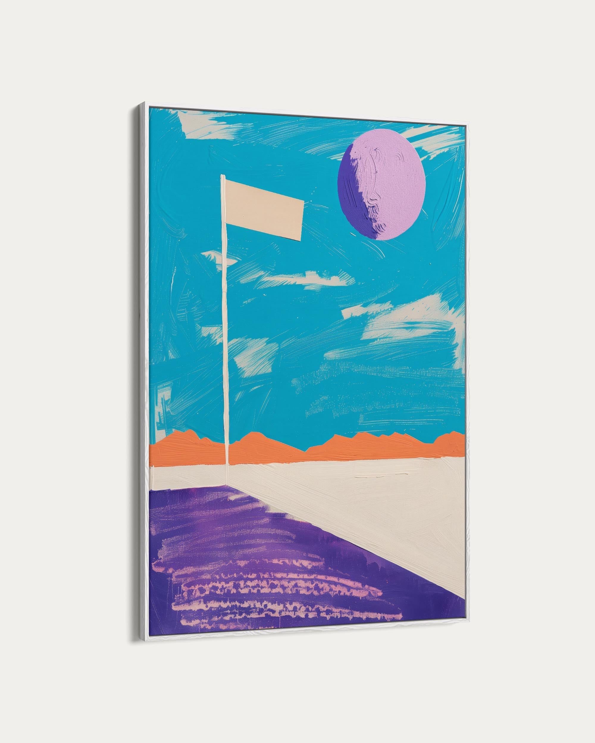 Abstract artwork with a flag, purple moon, and blue sky on a white background