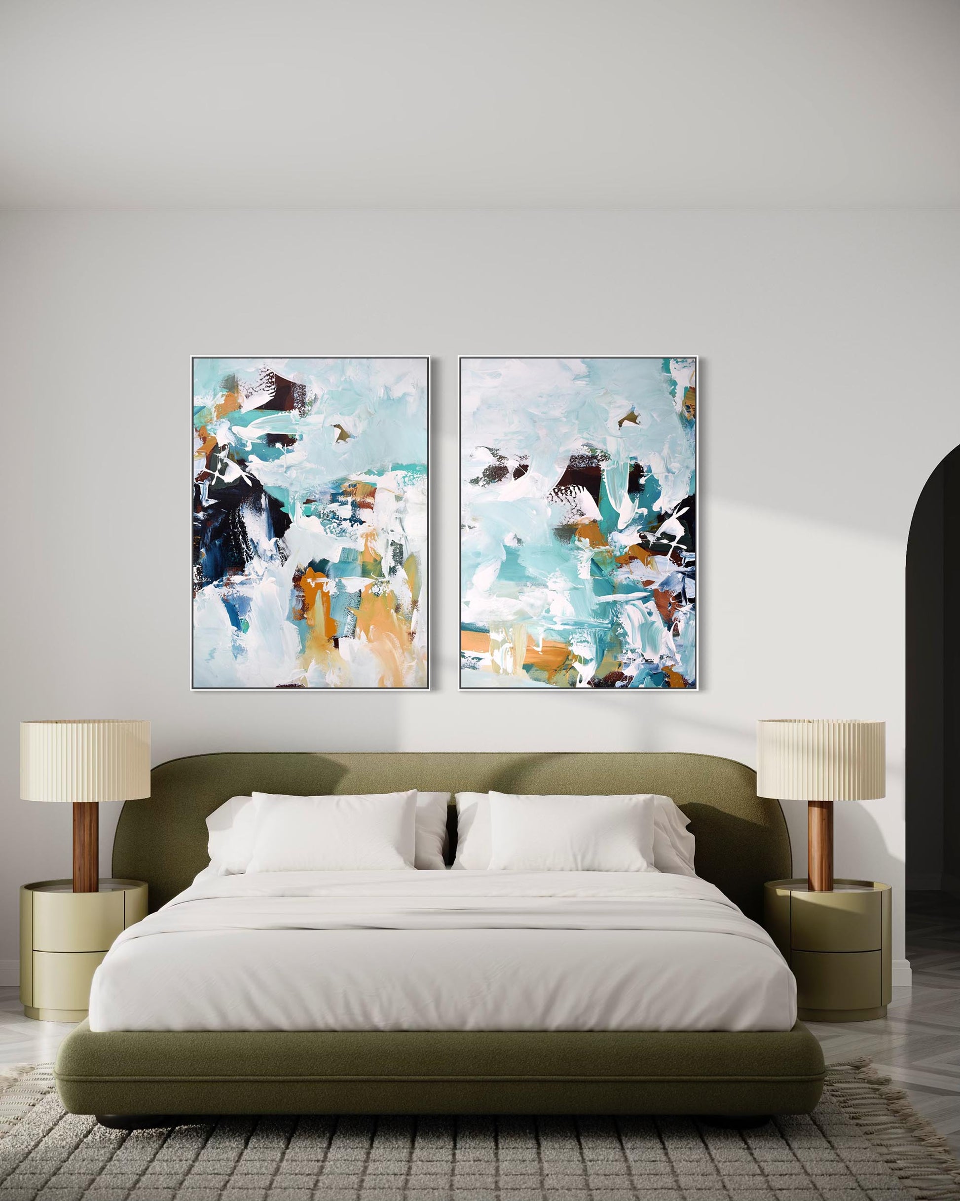 Two abstract art pieces on a wall above a bed in a bedroom setting.