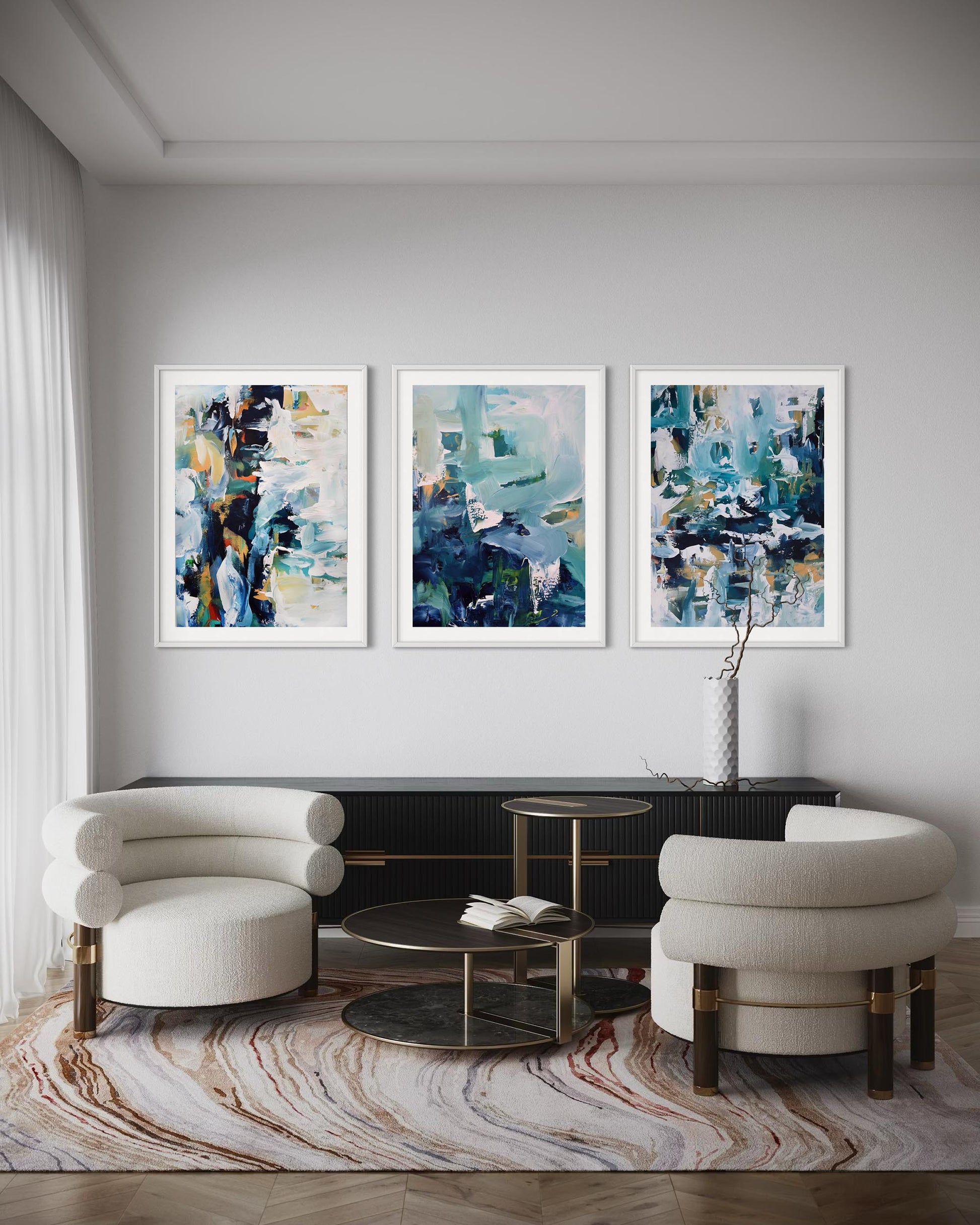 Modern living room with abstract art on the wall and stylish furniture.